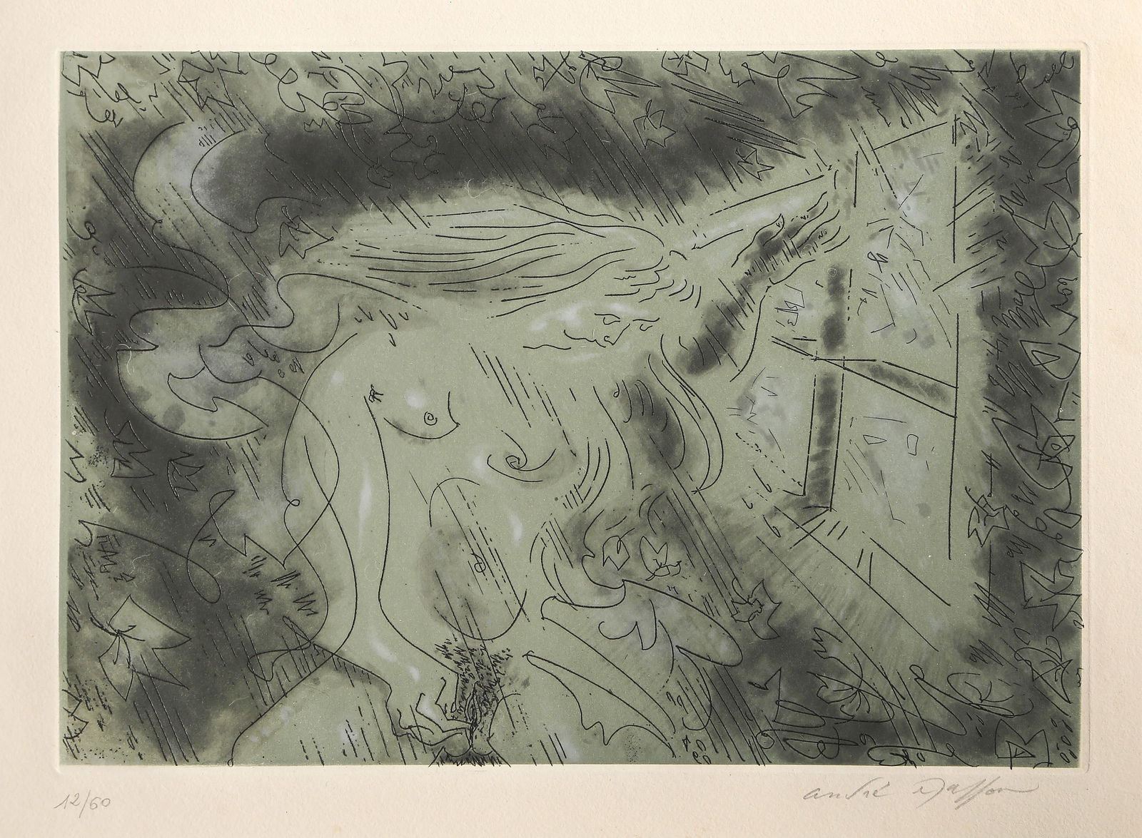 Andre Masson, Le Mort, Etching and Aquatint: Artist: Andre Masson, French (1896 - 1987) Title: Le Mort Year: 1964 Medium: Etching and Aquatint, signed and numbered in pencil Edition: 12/60 Image Size: 9 x 13 inches Size: 11.75 x 15.25 in. (29.85