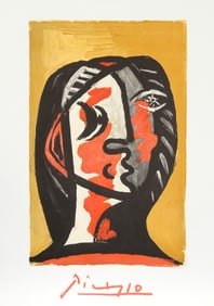 After Pablo Picasso, Tete de Femme en Gris et Rouge sur Fond Ochre, Lithograph