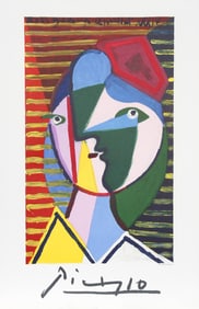 After Pablo Picasso, Visage de Femme sur Fond Raye, Lithograph