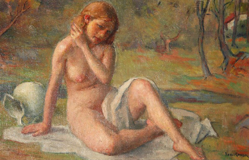 Robert Brackman, Late Summer (Nude), Oil Painting: Artist: Robert Brackman, Ukrainian/American (1898 - 1980) Title: Late Summer (Nude) Medium: Oil on Canvas, signed l.r. Size: 11.5 in. x 19.5 in. (29.21 cm x 49.53 cm)