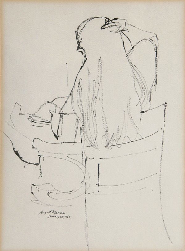 August Mosca, Seated Girl, Ink Drawing: Artist: August Mosca, Italian (1905 - 2003) Title: Seated Girl Year: 1958 Medium: Ink on Paper, Signed and Dated LL Size: 15 in. x 11 in. (38.1 cm x 27.94 cm)