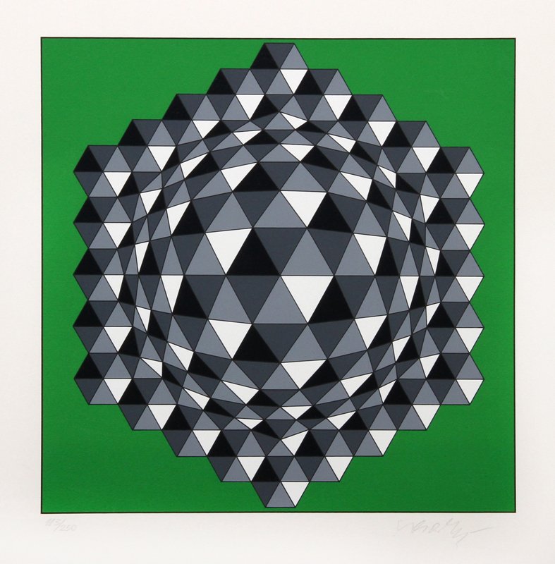 Victor Vasarely, Hegger, Serigraph: Artist: Victor Vasarely, Hungarian (1908 - 1997) Title: Hegger Year: circa 1979 Medium: Serigraph, signed and numbered in pencil Edition: 113/250 Image Size: 11 x 11 inches Size: 15.75 in. x 14.75 in.