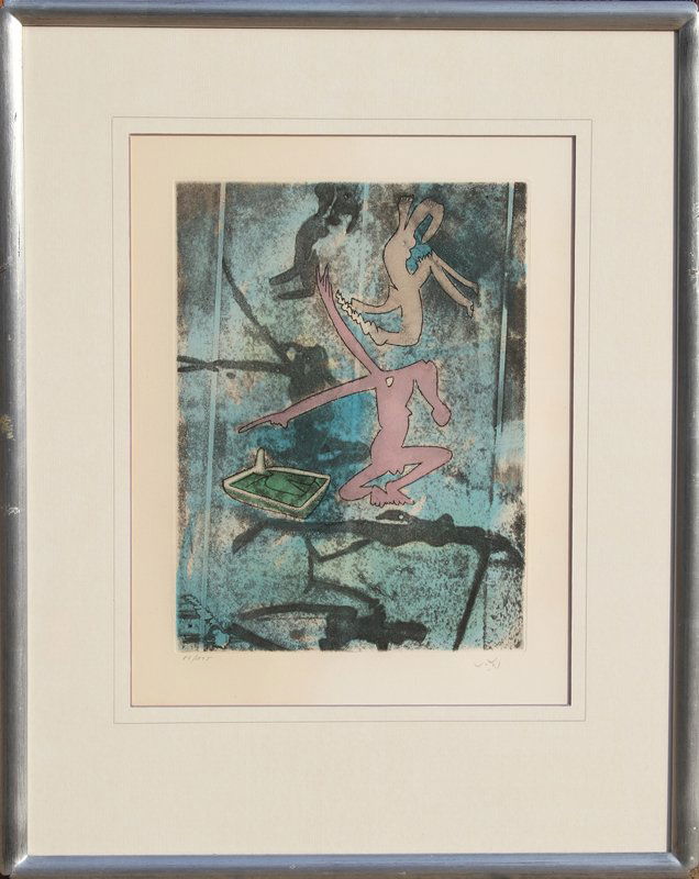 Roberto Matta, Centre Noeuds, plate 4, Aquatint Etching: Artist: Roberto Matta, Chilean (1911 - 2002) Title: Centre Noeuds, plate 4 Year: 1974 Medium: Aquatint Etching, signed and numbered in pencil Edition: 86/125 Image Size: 14 x 10.5 inches Size: 24 in.