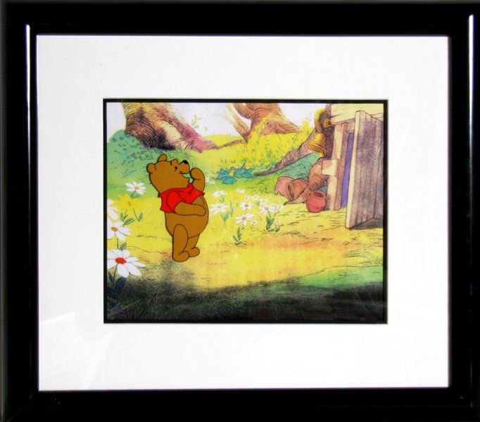 Winnie the Pooh, Spring Pooh, Production Cel: Artist: Disney Studios Title: Spring Pooh Year: 1982 Medium: Hand Painted Production Cel with Drawing Size: 9 in. x 12 in. (22.86 cm x 30.48 cm) Frame Size: 19 x 21 inches