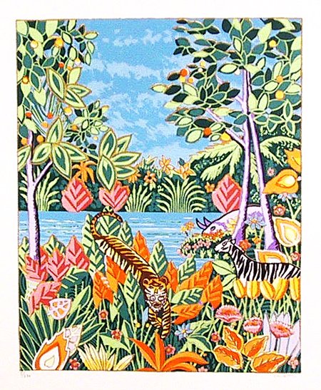 Lloyd van Pitterson, Jungle Scene, Lithograph: Artist: Lloyd van Pitterson Title: Jungle Scene Year: 1980 Medium: Lithograph, signed and numbered in pencil Edition: 300 Size: 23 in. x 19.5 in. (58.42 cm x 49.53 cm)