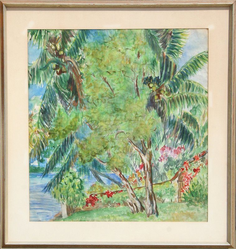 Mabel MacDonald Carver, Tropical Landscape, Watercolor: Artist: Mabel MacDonald Carver, American (1891 - 1966) Title: Tropical Landscape Year: circa 1965 Medium: Watercolor Size: 25.5 in. x 23.5 in. (64.77 cm x 59.69 cm) Frame Size: 33.5 x 31 inches