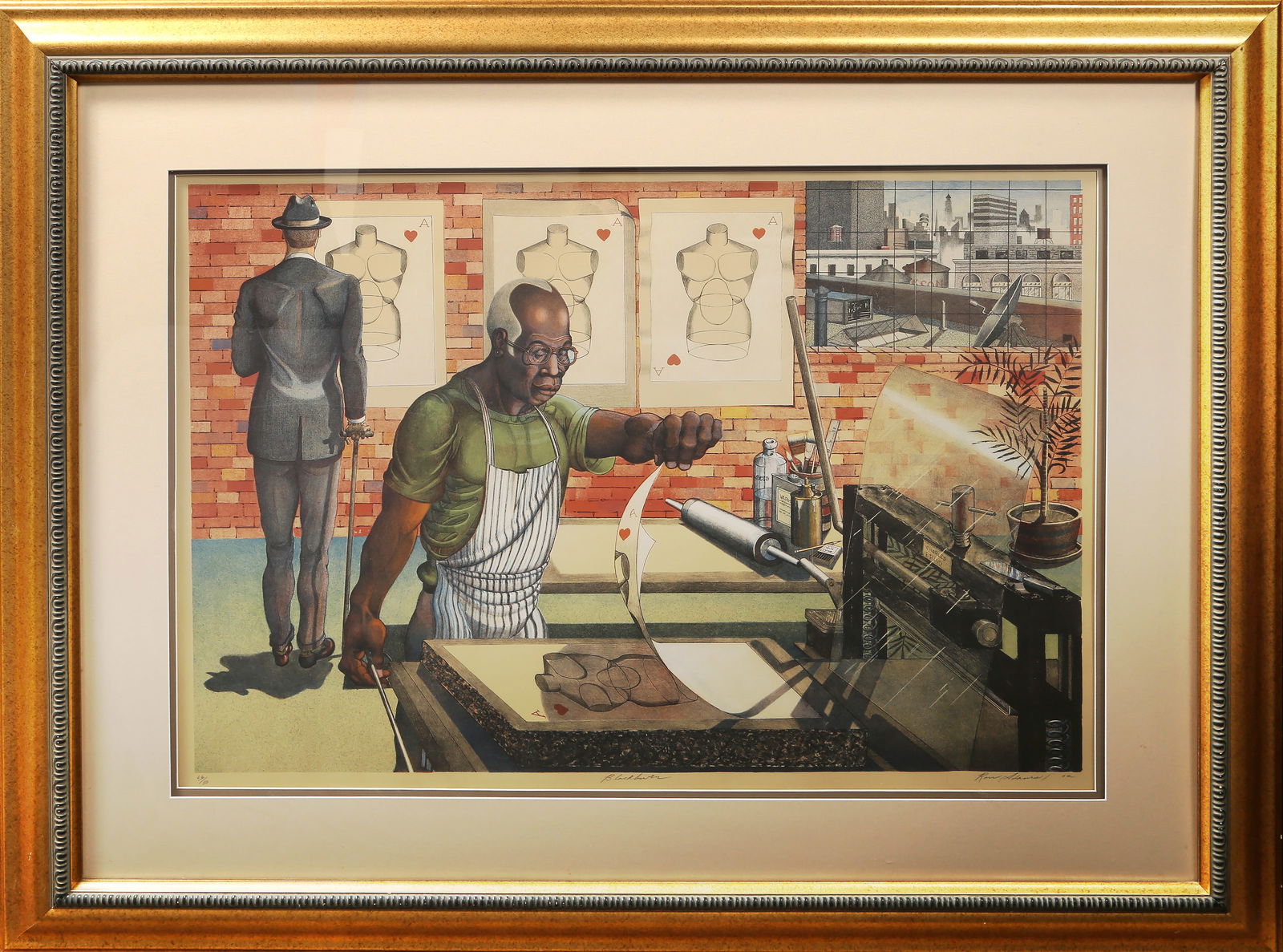 Ron Adams, Robert Blackburn, Lithograph on BFK Rives tan paper: Artist: Ron Adams, American (1934 - 2020) Title: Robert Blackburn Year: 2002 Medium: Lithograph on BFK Rives tan paper, signed, titled and numbered in pencil Edition: 63/80 Image Size: 24.5 x 35 inche