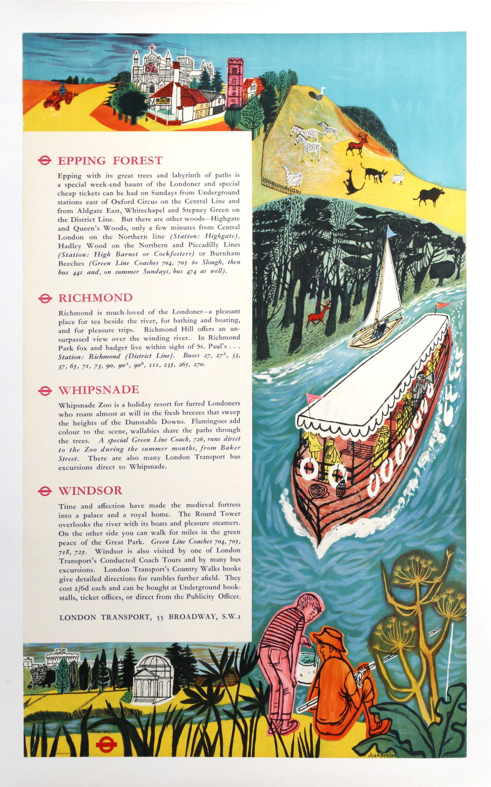 Joan Beales, London Transport, Lithograph poster, mounted on linen: Artist: Joan Beales, British (1926 - ) Title: London Transport: Epping, Richmond, Whipsnade, Windsor Year: 1956 Medium: Lithograph poster, mounted on linen Size: 43.25 x 28 in. (109.86 x 71.12 cm) Pri