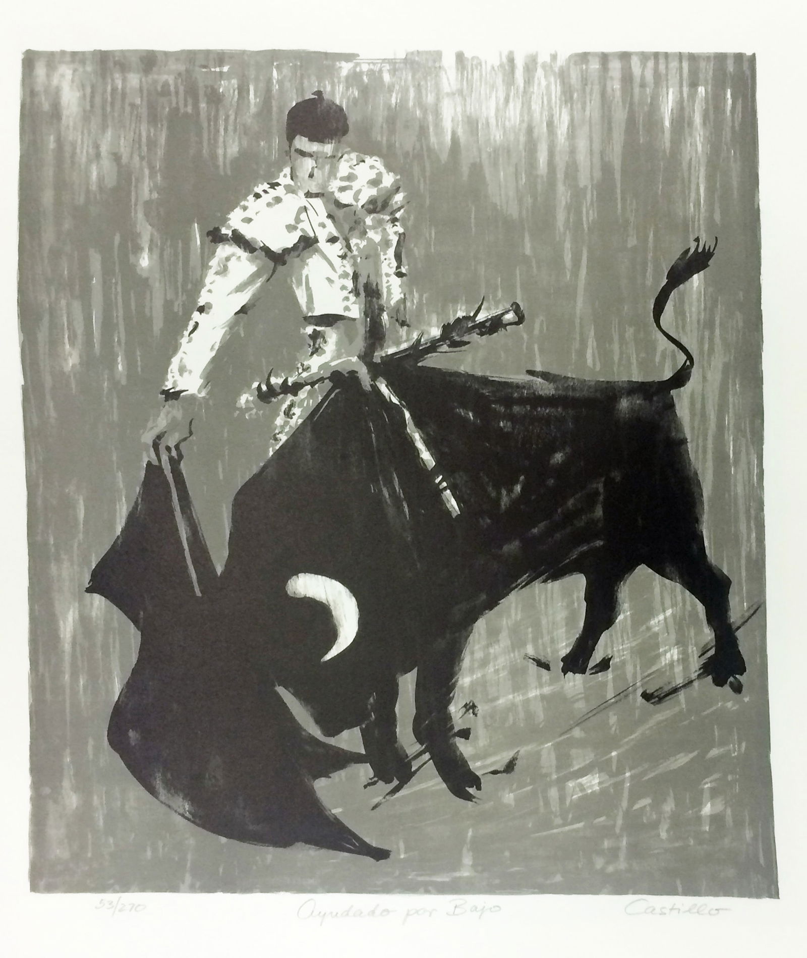 Jorge Castillo, Ayudado por Abajo, Lithograph: Artist: Jorge Castillo, Spanish (1933 - ) Title: Ayudado por Abajo Year: circa 1980 Medium: Lithograph, signed and numbered in pencil Edition: 53/270 Size: 24 x 20 in. (60.96 x 50.8 cm) Description: A