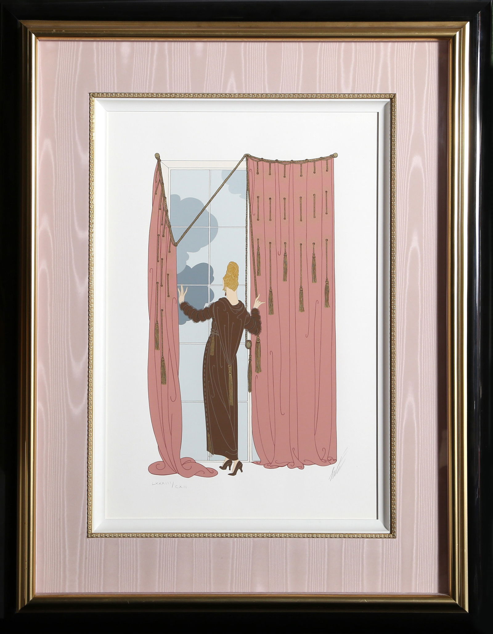 Erte, Cloudy Morning, Screenprint: Artist: Erte, Russian (1892 - 1990) Title: Cloudy Morning Medium: Screenprint, signed and numbered in pencil Edition: LXXXIII/CXII Image Size: 21 x 14 inches Frame Size: 35 x 27 inches All listed flat