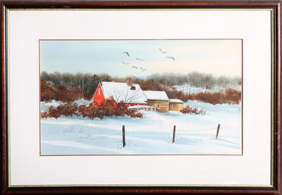 James Feriola, Red Barn in the Snow, Watercolor