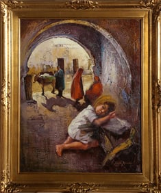 Sandu Liberman, Child Sleeping In Alley, Oil on Canvas