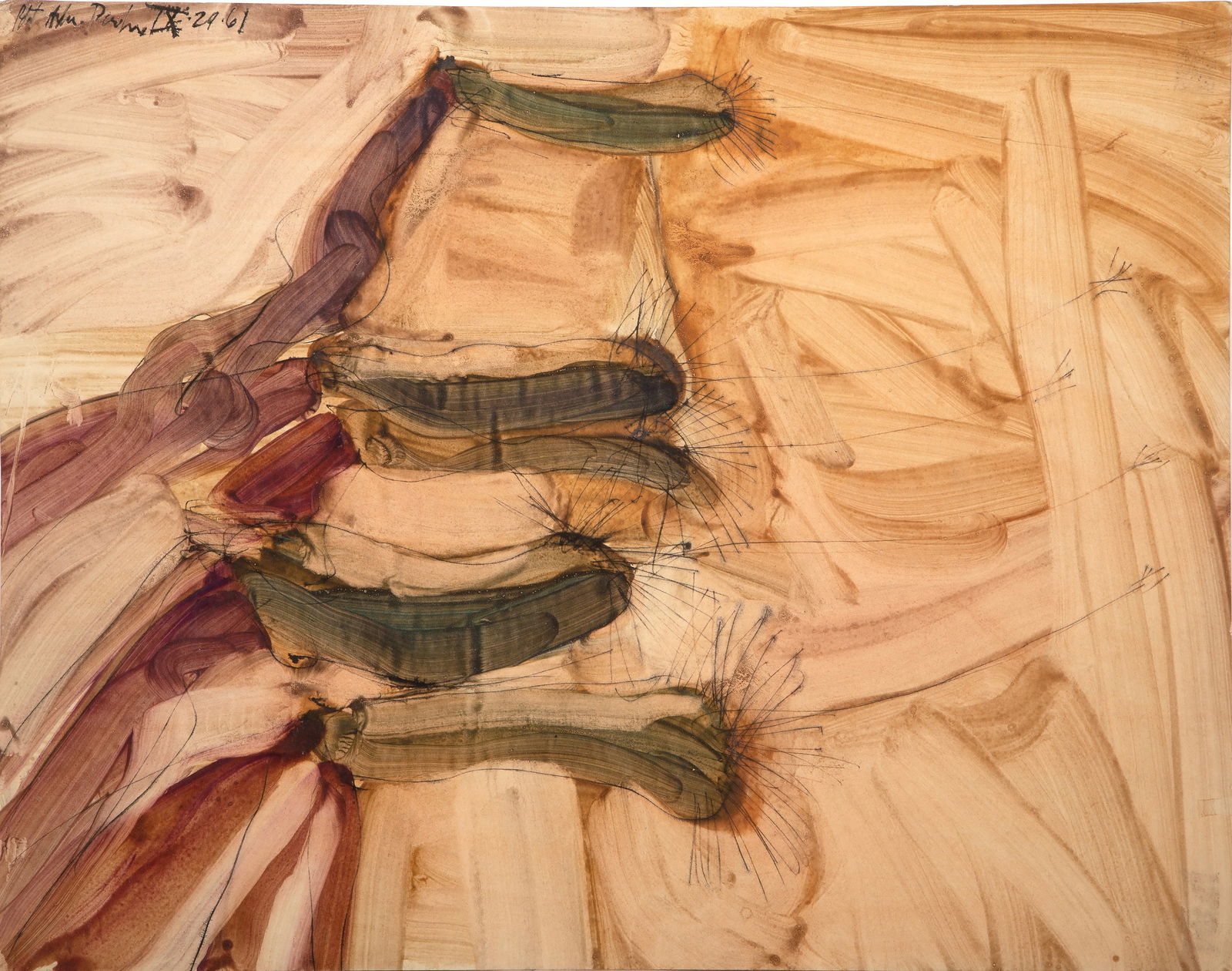 Robert Andrew Parker, In Arizona, Gouache on paper: Artist: Robert Andrew Parker, American (1927 - 2024) Title: In Arizona Year: 1961 Medium: Gouache on paper, signed and dated top left Size: 18.75 x 23.75 in. (47.63 x 60.33 cm) All listed flat shippin