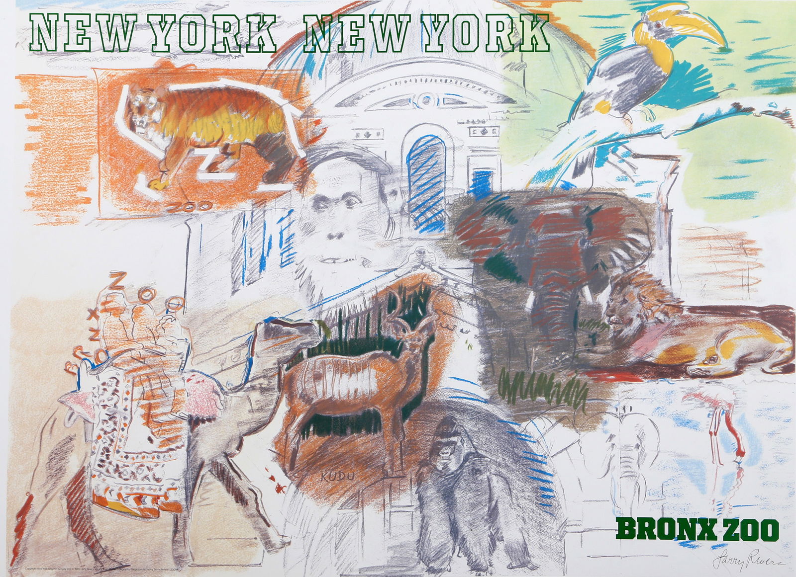 Larry Rivers, New York City - Bronx Zoo, Poster: Artist: Larry Rivers, American (1923 - 2002) Title: New York City - Bronx Zoo Year: 1983 Medium: Poster Image Size: 24 x 33 inches Size: 24 in. x 36 in. (60.96 cm x 91.44 cm) All listed flat shipping