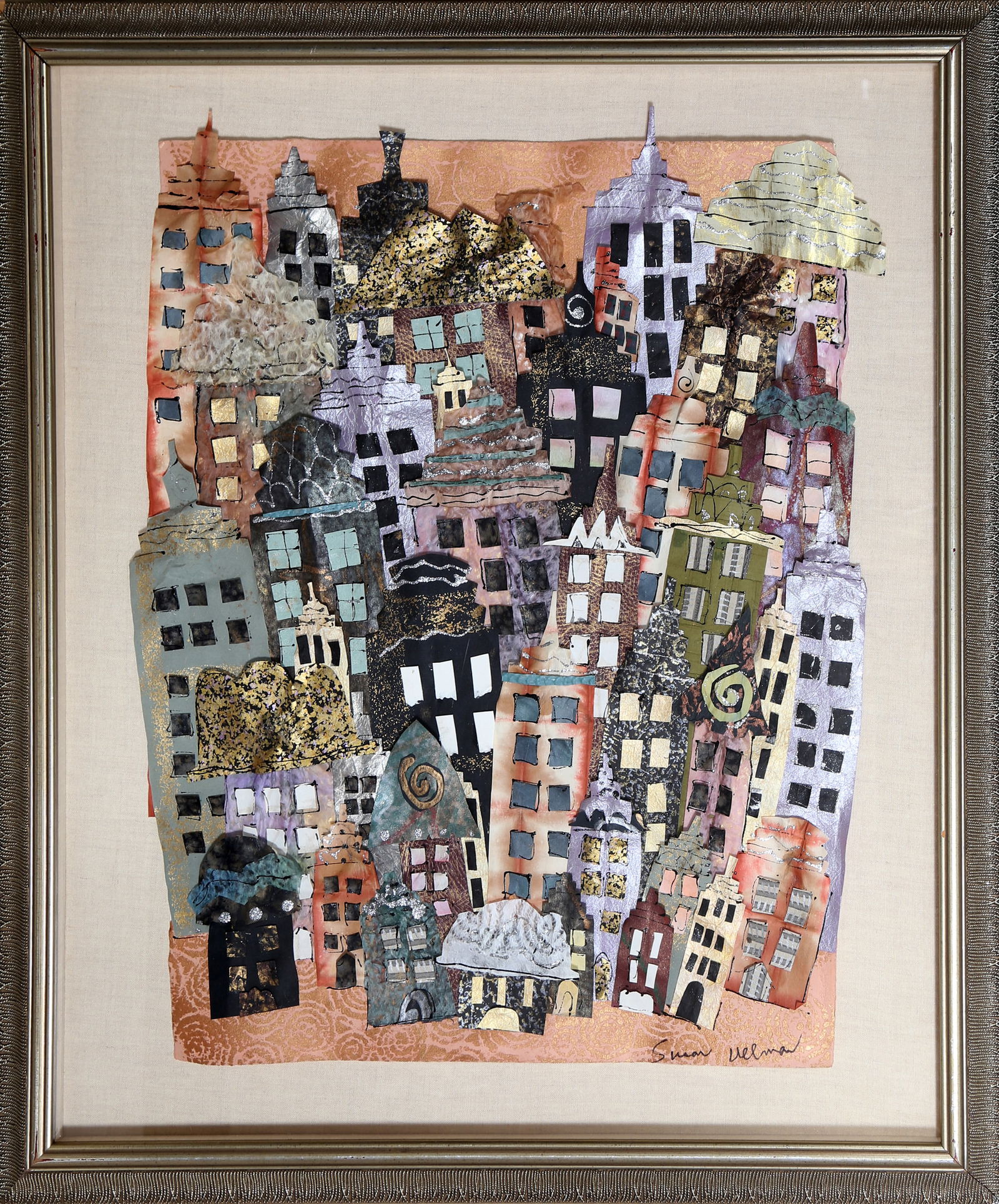 Susan Ullman, New York City, Mixed Media Collage: Artist: Susan Ullman, American (1943 - 2021) Title: New York City Medium: Mixed Media Collage, signed lower right Size: 24 in. x 19.5 in. (60.96 cm x 49.53 cm) Frame Size: 31 x 27 inches All listed fl