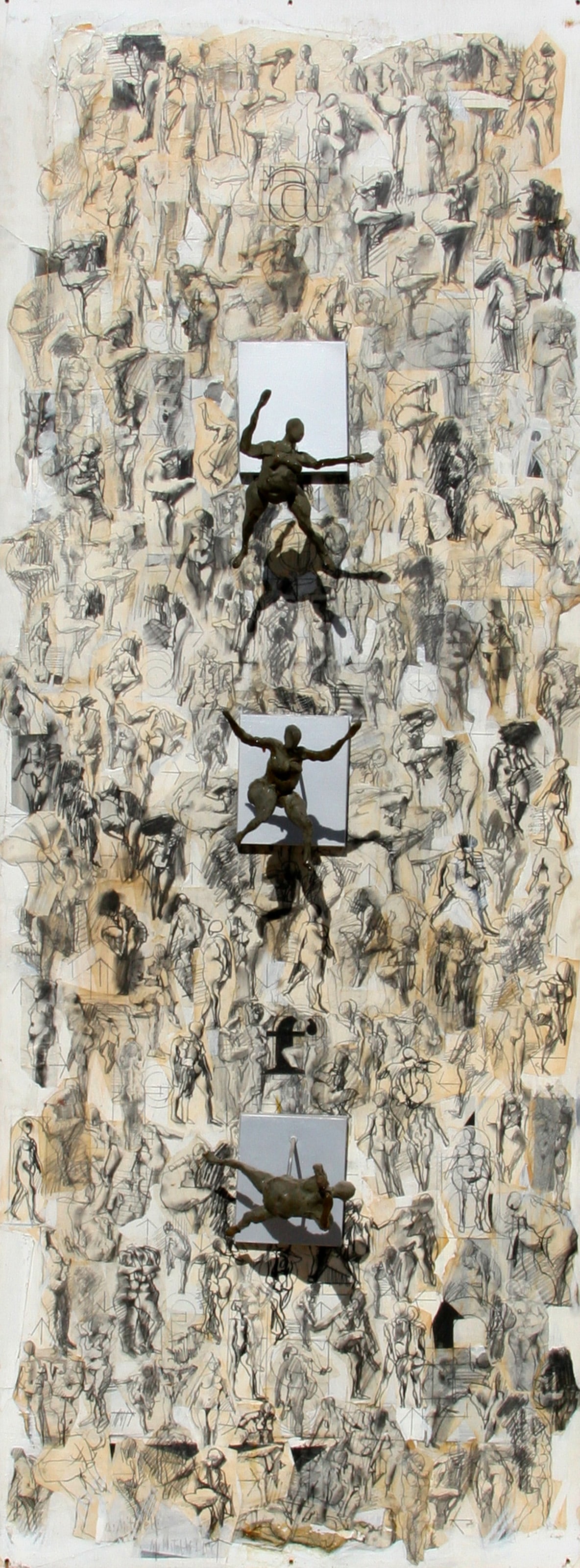 Unknown Artist, Figures and Sculptures, Mixed Media Pencil, Acrylic and Collage: Artist: Unknown Artist Title: Figures and Sculptures Medium: Mixed Media Pencil, Acrylic and Collage with 3 Resin Wall Sculptures, signed 'M. Mitchell' Size: 80 in. x 35 in. x 12 in. (203.2 cm x 88.9