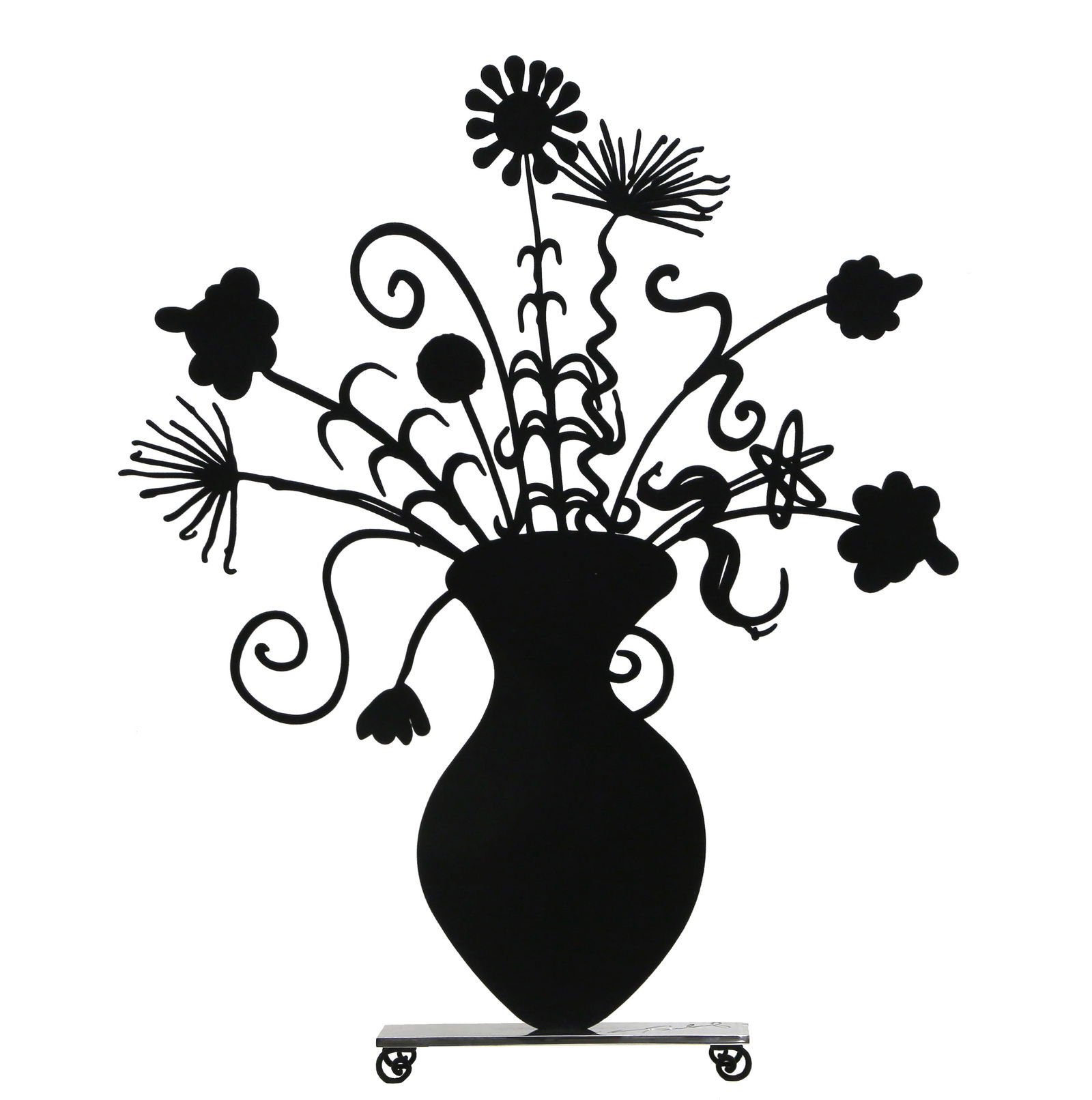Kenny Scharf, Flores Black, Sculpture: Artist: Kenny Scharf, American (1958 - ) Title: Flores Black Year: 2020 Medium: Shaped aluminum with black flock mounted to a polished stainless steel base with flocked feet, facsimile signature inscr