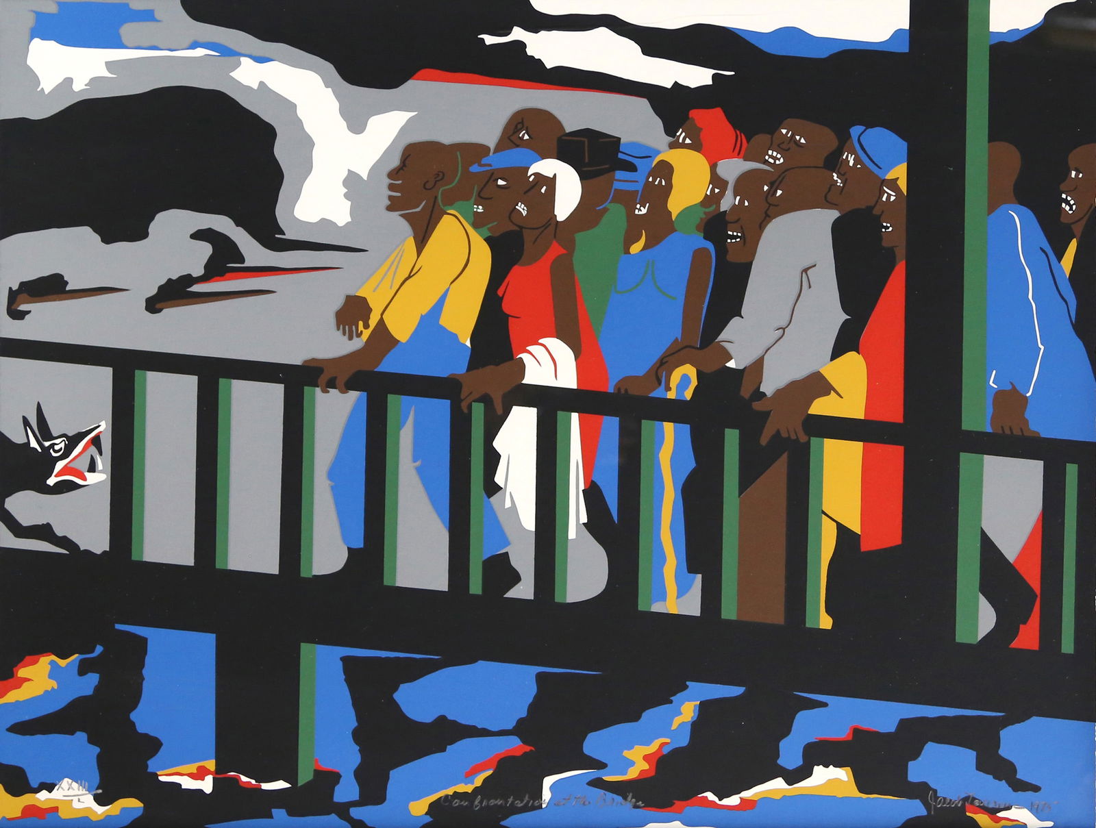 Jacob Lawrence, Confrontation at the Bridge (Selma, Alabama), Screenprint: Artist: Jacob Lawrence, American (1917 - 2000) Title: Confrontation at the Bridge (Selma, Alabama) Year: 1975 Medium: Screenprint on Strathmore Paper, signed and numbered in pencil Edition: XXIII/L
