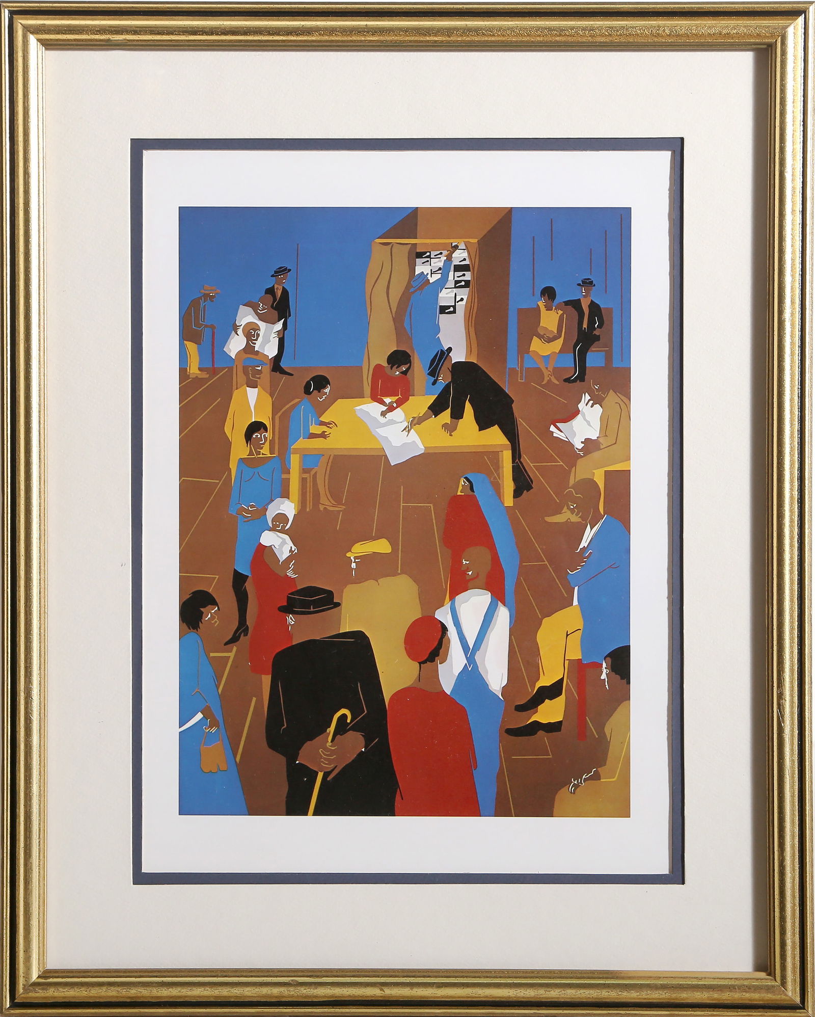 Jacob Lawrence, The 1920's, The Migrants Cast Their Ballots, Offset Lithograph: Artist: Jacob Lawrence, American (1917 - 2000) Title: The 1920's, The Migrants Cast Their Ballots Portfolio: Kent Bicentennial Portfolio Year: 1975 Medium: Offset Lithograph Image Size: 13 x 9.75