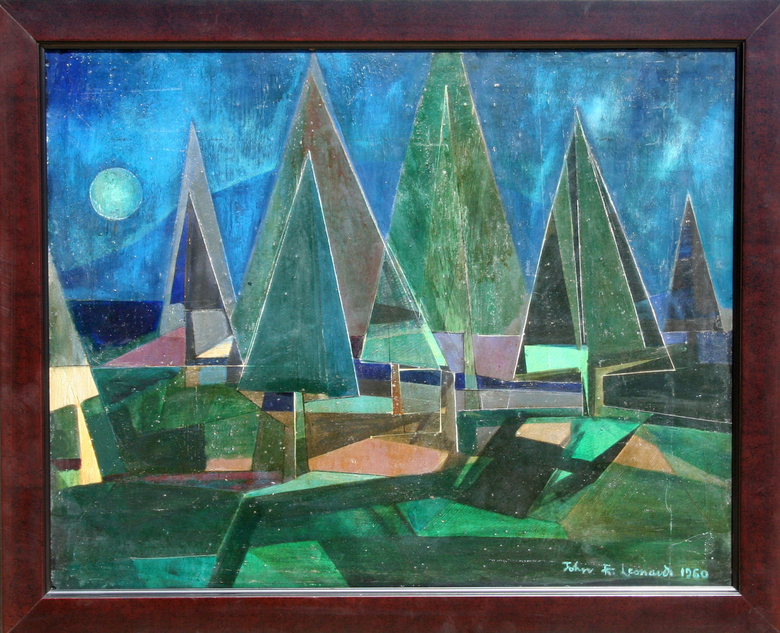 John F. Leonard, Cubist Forest, Oil Painting: Artist: John F. Leonard, American (1921 - 1987) Title: Cubist Forest Year: 1960 Medium: Oil on Board, signed and dated lower right Size: 19.5 in. x 25 in. (49.53 cm x 63.5 cm) Frame Size: 24 x 29