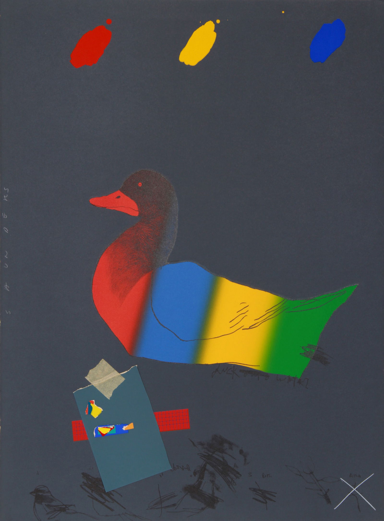 Raymond Jennings Saunders, Duck out of Water, Lithograph with Screenprint and Collage: Artist: Raymond Jennings Saunders, American (1934 - ) Title: Duck out of Water Year: 1975 Medium: Lithograph with Screenprint and Collage, signed and numbered in pencil Edition: 200 Size: 30 in. x 22