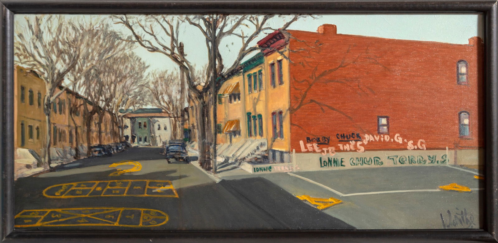 William Waithe, Newark Street, Oil Painting: Artist: William Waithe, American (19?? - 2005) Title: Newark Street Year: circa 1980 Medium: Oil on Canvas, signed lower right Size: 14 x 30 in. (35.56 x 76.2 cm) Frame Size: 15.5 x 31.5 inches