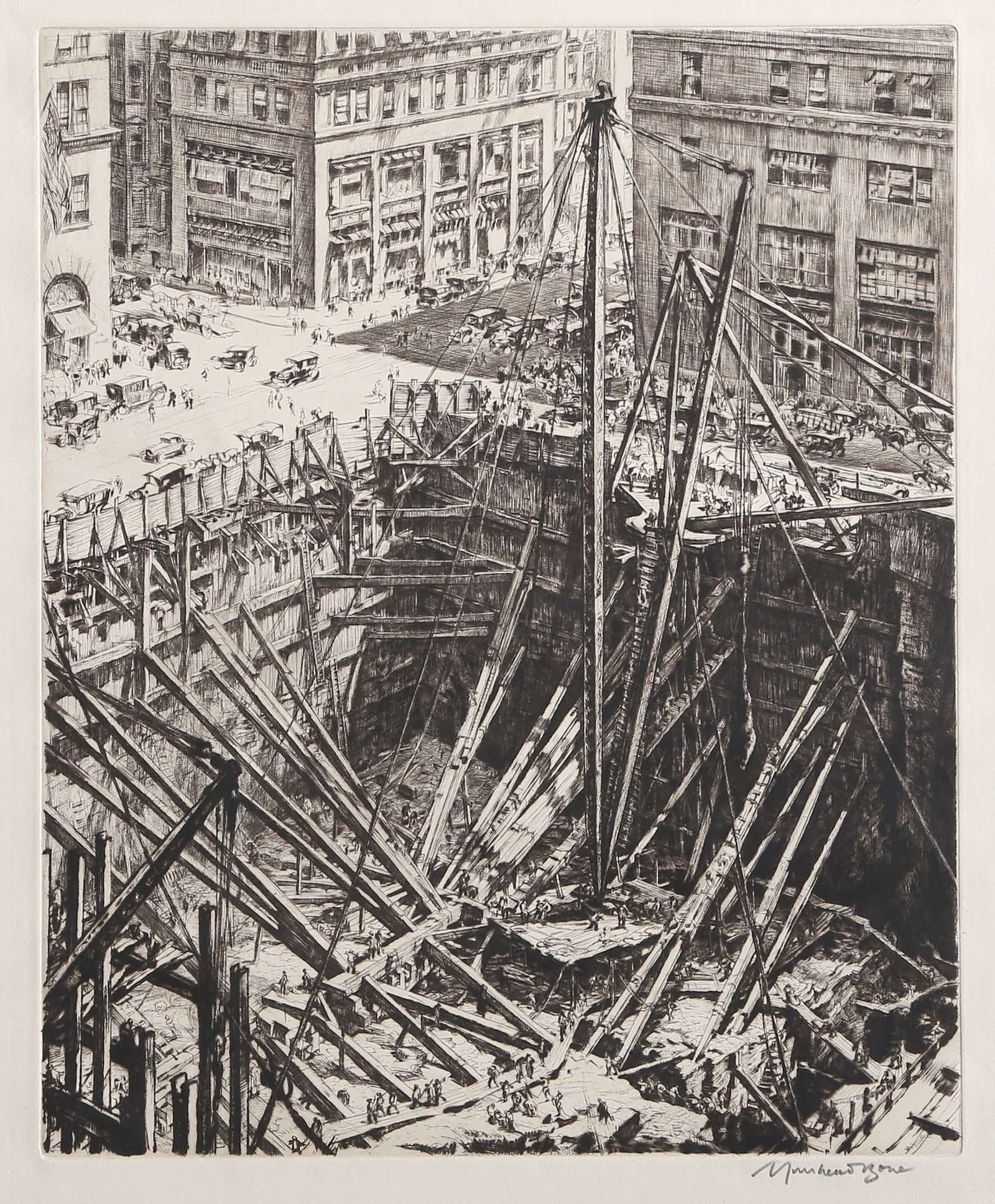 David Muirhead Bone, Manhattan Excavation, Etching: Artist: David Muirhead Bone, Scottish (1876 - 1953) Title: Manhattan Excavation Year: circa 1940 Medium: Etching on wove paper, signed in pencil lower right Image Size: 12.25 x 10.25 inches Size: 18 x