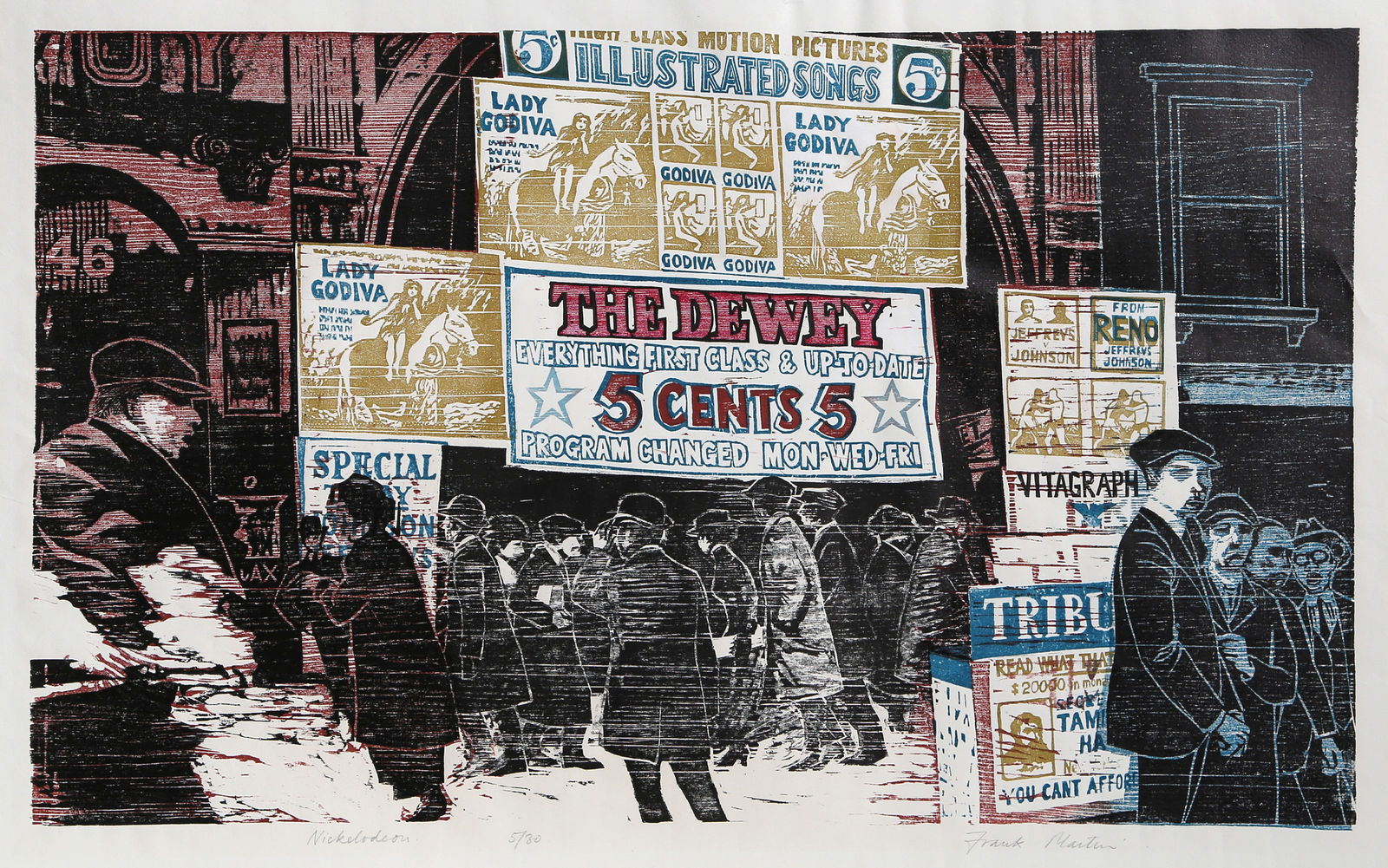 Frank Martin, Nickelodeon, Woodcut: Artist: Frank Martin, British (1921 - 2005) Title: Nickelodeon Year: circa 1975 Medium: Woodcut, signed and numbered in pencil Edition: 5/30 Image Size: 16 x 26.5 inches Size: 17 x 27.5 in. (43.18 x 6