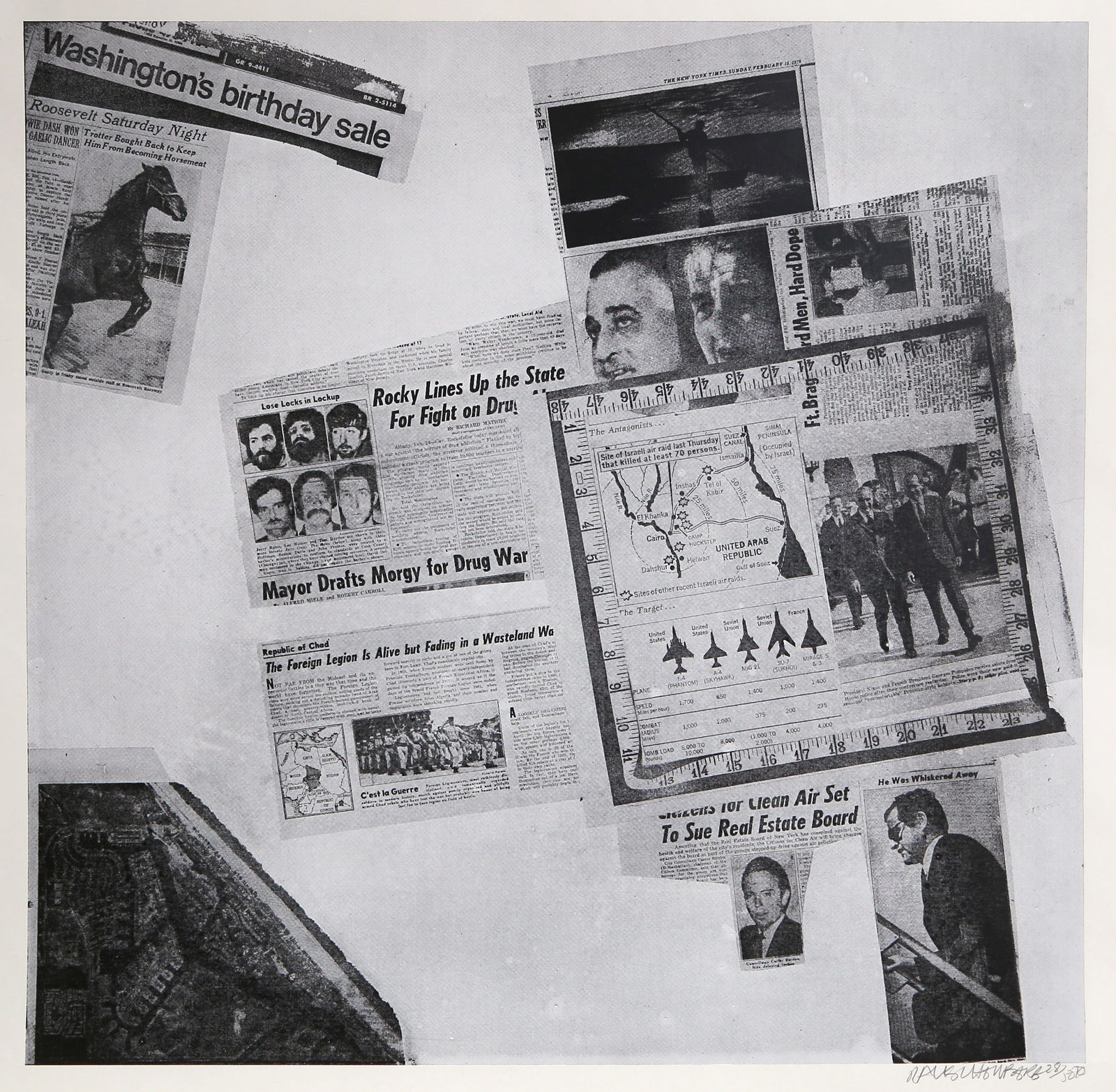 Robert Rauschenberg, Features from Currents, #57, Hand-Printed Screenprint: Artist: Robert Rauschenberg, American (1925 - 2008) Title: Features from Currents, #57 Year: 1970 Medium: Hand-Printed Screenprint on Aqua B 844 Paper, signed and numbered in pencil Edition: 28/50 Ima