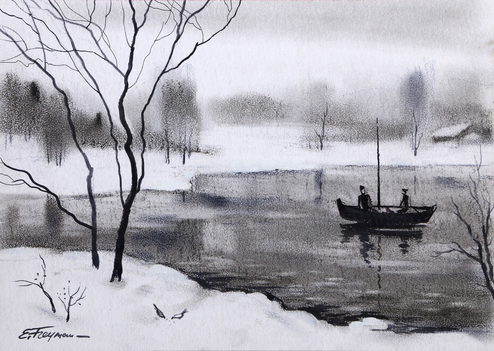 Erik Freyman, Winter Fishing, Watercolor with Pastel Painting (1 of 3)