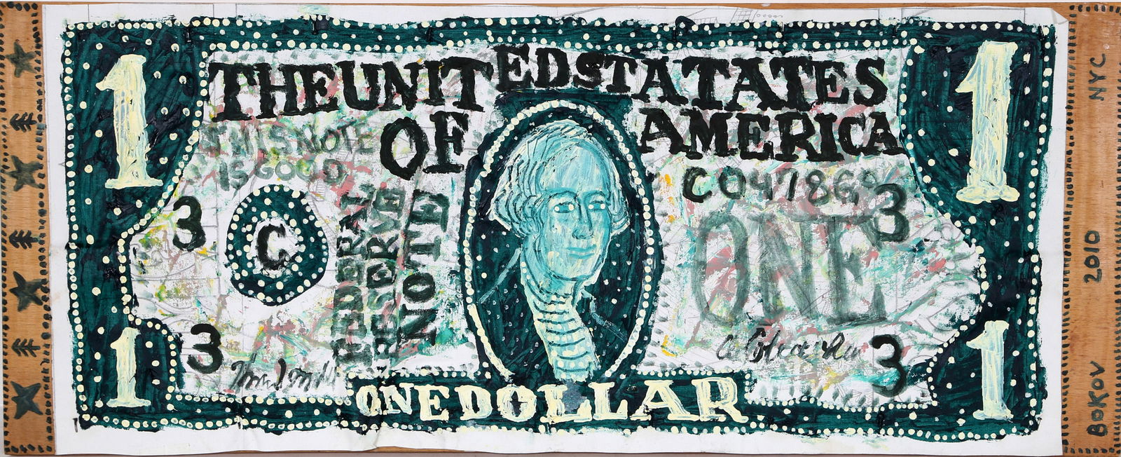 Konstantin Bokov, One Dollar Bill, Acrylic Painting: Artist: Konstantin Bokov, Ukrainian/American (1940 - ) Title: One Dollar Bill Year: 2010 Medium: Acrylic on Canvas mounted to Wood Board, signed Size: 10.5 x 26.5 in. (26.67 x 67.31 cm) All listed