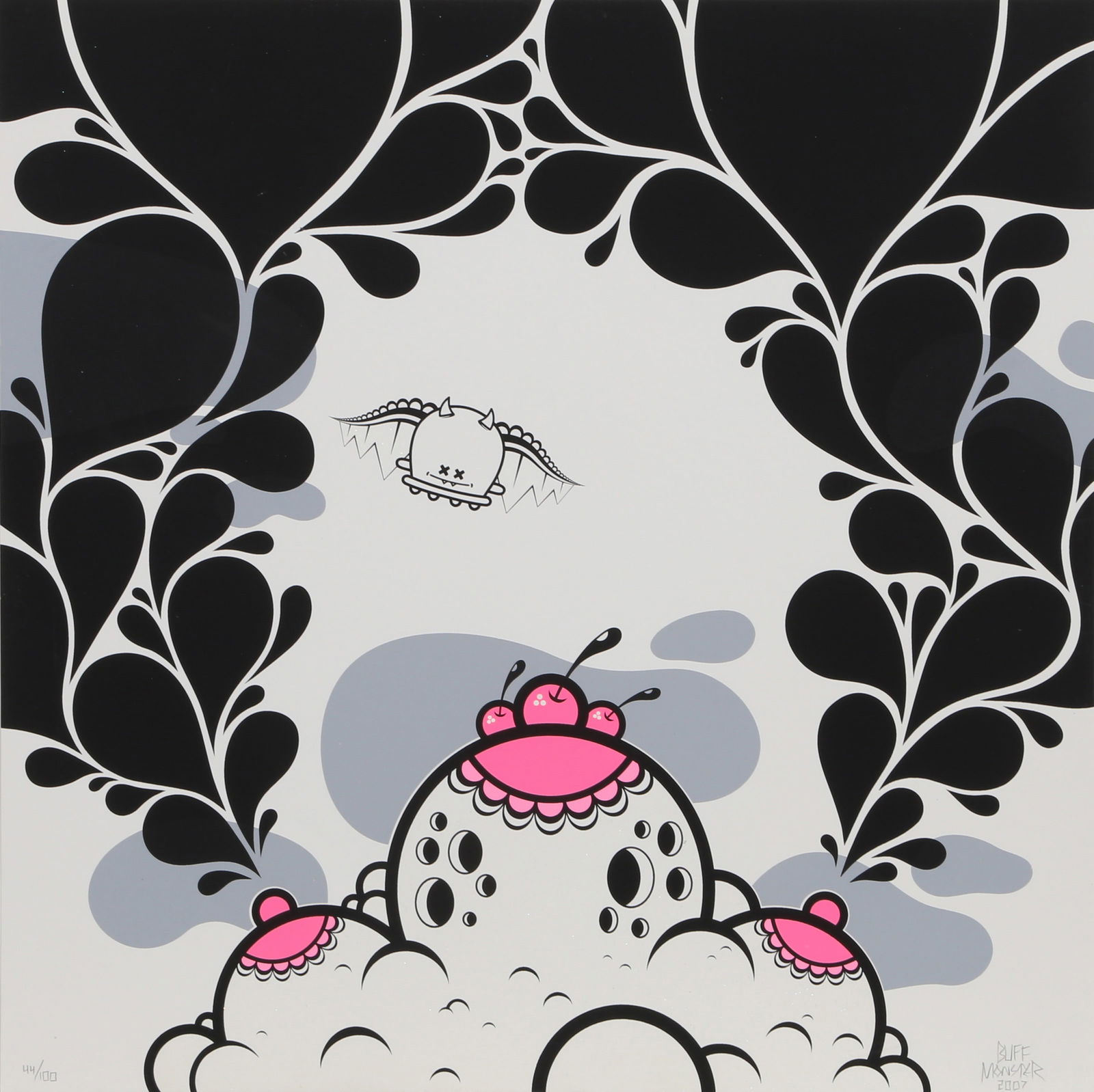 Buff Monster, Cherry, Screenprint with glitter: Artist: Buff Monster, American (1979 - ) Title: Cherry Year: 2007 Medium: Screenprint with glitter, signed, numbered, and dated in pencil Edition: 44/100 Size: 20 x 20 in. (50.8 x 50.8 cm) All listed