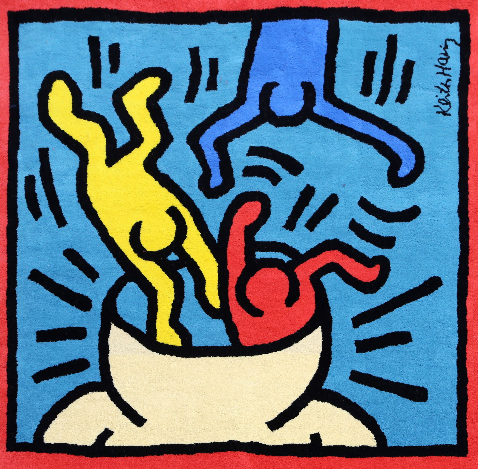 After Keith Haring, Morning Coffee, Woolen Rug Tapestry: Artist: After Keith Haring, American (1958 - 1990) Title: Morning Coffee Medium: Woolen Rug Tapestry Edition: 2/10 Size: 73 x 73 in. (185.42 x 185.42 cm) Publisher: MMI Description: This woolen rug
