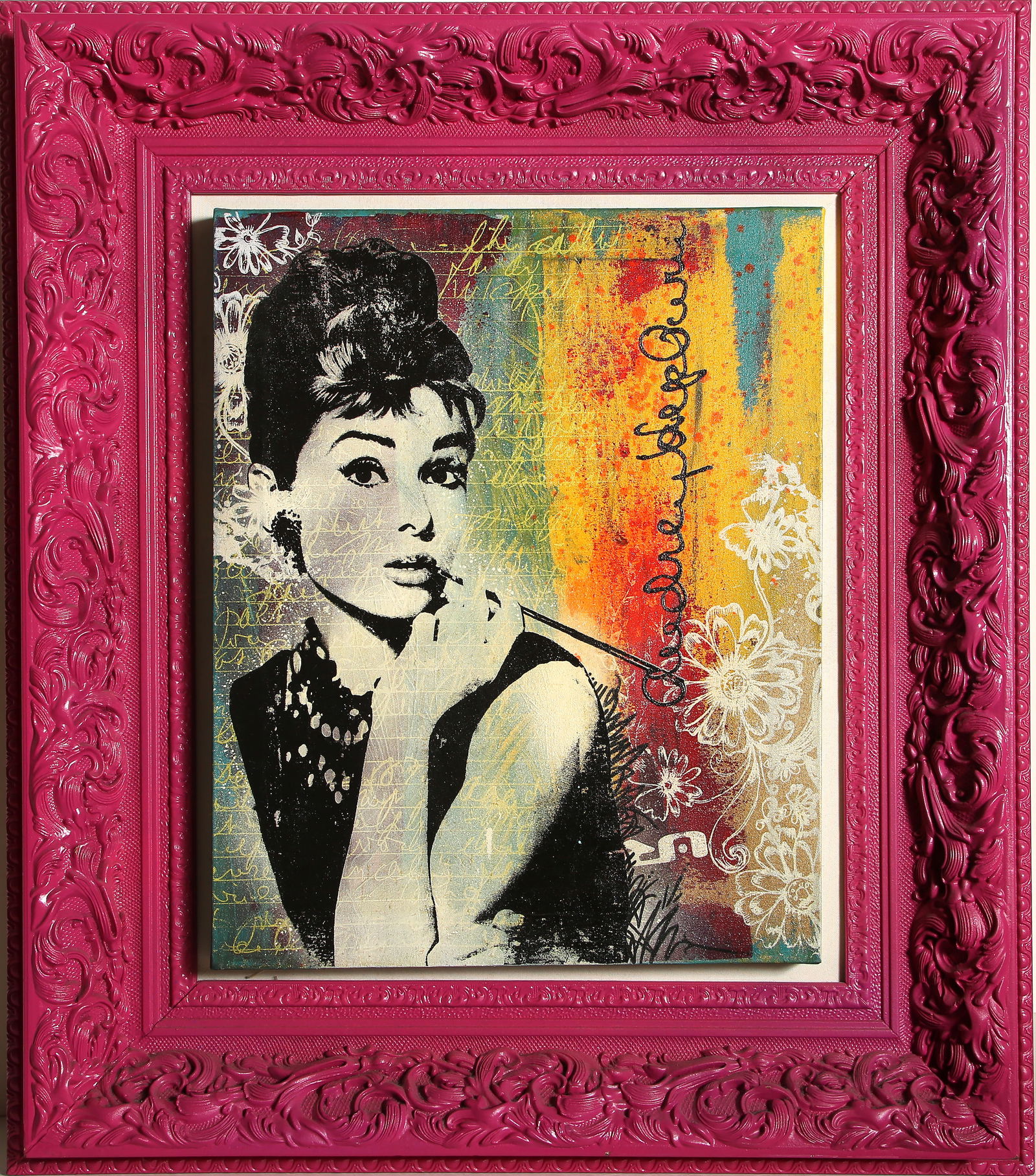 UR New York, Audrey Hepburn, Airbrush and Acrylic Painting: Artist: UR New York Title: Audrey Hepburn Year: 2010 Medium: Airbrush and Acrylic on Canvas, signed, dedicated and dated in marker on verso Size: 22 x 18 in. (55.88 x 45.72 cm) Frame Size: 34.75 x 31