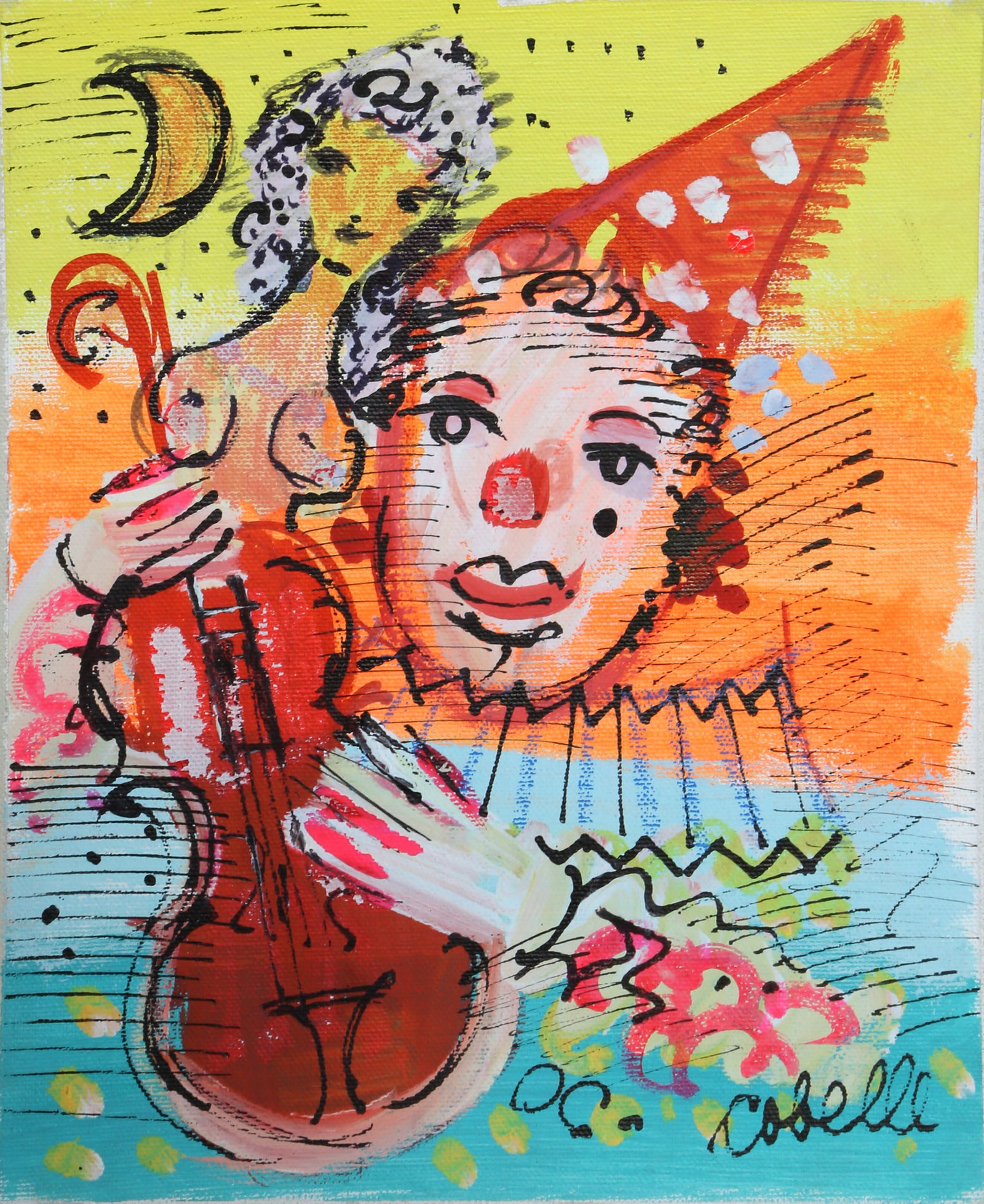 Charles Cobelle, Violinist Clown with Nude and Moon, Acrylic Painting: Artist: Charles Cobelle, French (1902 - 1994) Title: Violinist Clown with Nude and Moon Year: Circa 1960 Medium: Acrylic on Canvas, signed l.r. Size: 10 x 8 in. (25.4 x 20.32 cm) All listed flat