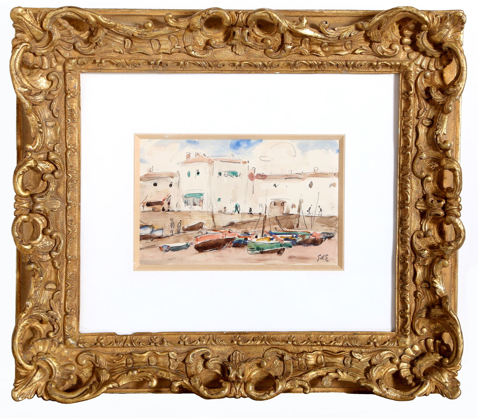 Georges d'Espagnat, Boats on the Shore, Watercolor Painting: Artist: Georges d'Espagnat, French (1870 - 1950) Title: Boats on the Shore Year: circa 1925 Medium: Watercolor on Paper, signed Size: 4.5 x 7 in. (11.43 x 17.78 cm) Frame Size: 13.5 x 15.5 inches All