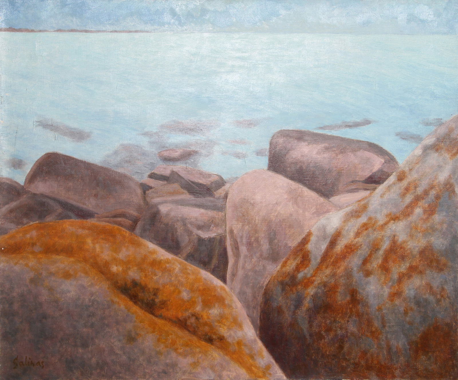 Laurent Marcel Salinas, Le Lichen (Rochers Theven-Kerbrat), Oil Painting: Artist: Laurent Marcel Salinas, Egyptian/French (1913 - 2010) Title: Le Lichen (Rochers Theven-Kerbrat) (590) Year: Circa 1985 Medium: Oil on canvas, signed Size: 21.25 in. x 25.5 in. (53.98 cm x