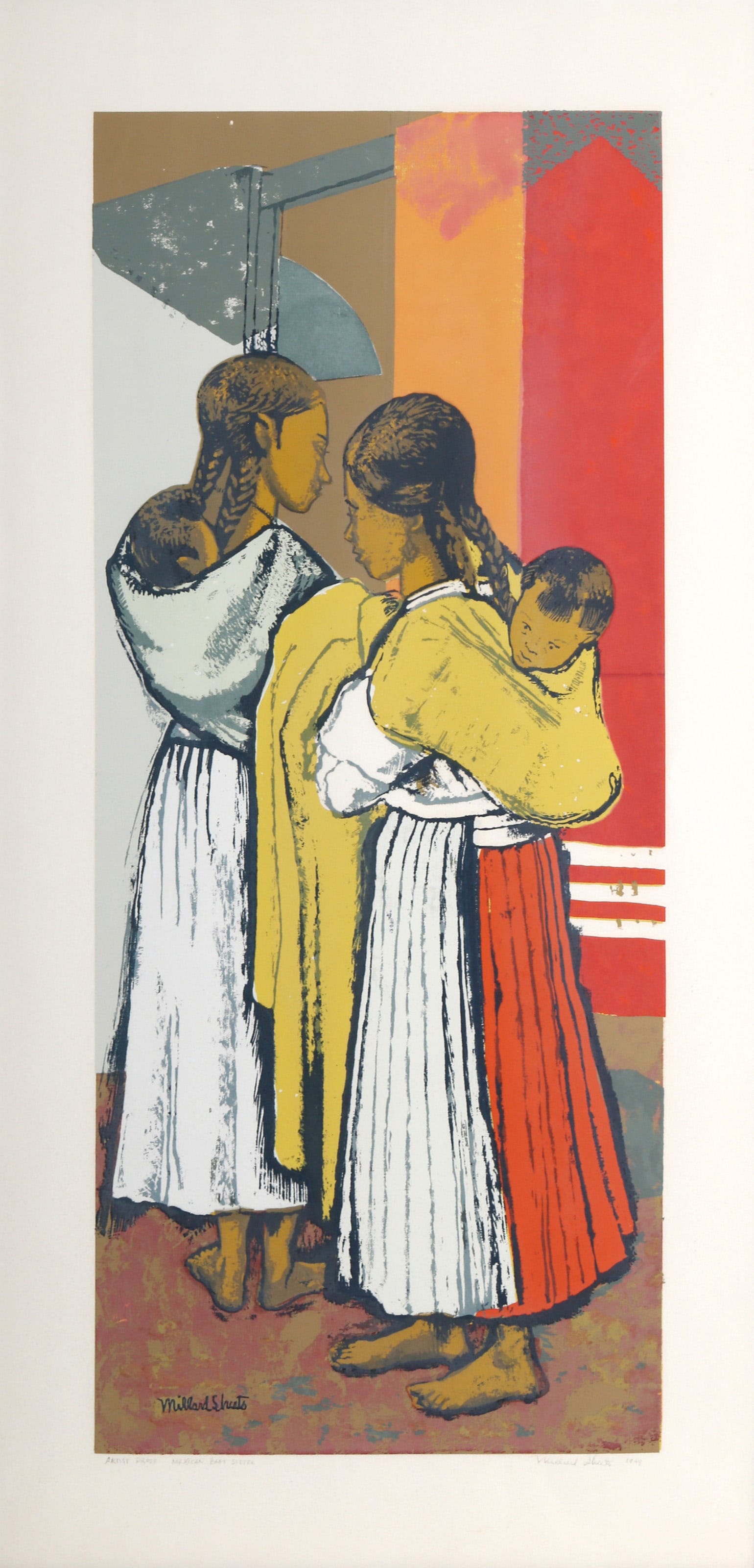 Millard Owen Sheets, Mexican Babysitter, Screenprint: Artist: Millard Owen Sheets, American (1907 - 1989) Title: Mexican Babysitter Year: 1949 Medium: Screenprint, signed, numbered, and titled in pencil Edition: AP Image Size: 24 x 11 inches Size: 28 x