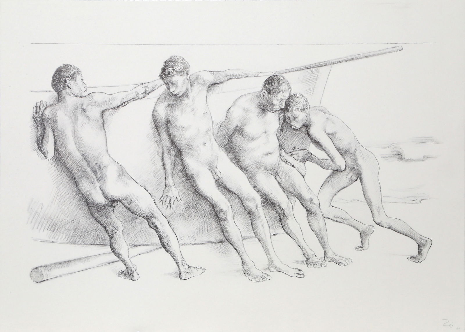 Francisco Zuniga, Hombres con Barca I (State II), Lithograph: Artist: Francisco Zuniga, Mexican (1912 - 1998) Title: Hombres con Barca I (State II) Year: 1984 Medium: Lithograph on Gray BFK Rives, signed, numbered and dated in pencil Edition: 50, State II Size: