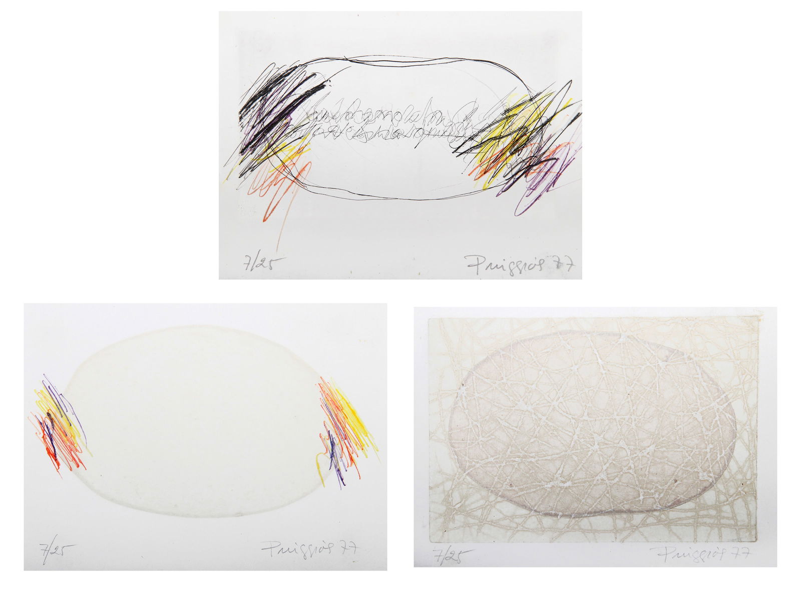 Pere Puiggros, Three Etchings from Enganxat Oual Groc Vernell Violeta: Artist: Pere Puiggros, Spanish (1942 - ) Title: Three Etchings from the Enganxat Oual Groc-Vernell Violeta Suite Year: 1977 Medium: Etching, signed and numbered in pencil Edition: 7/25 Size: each 5 x