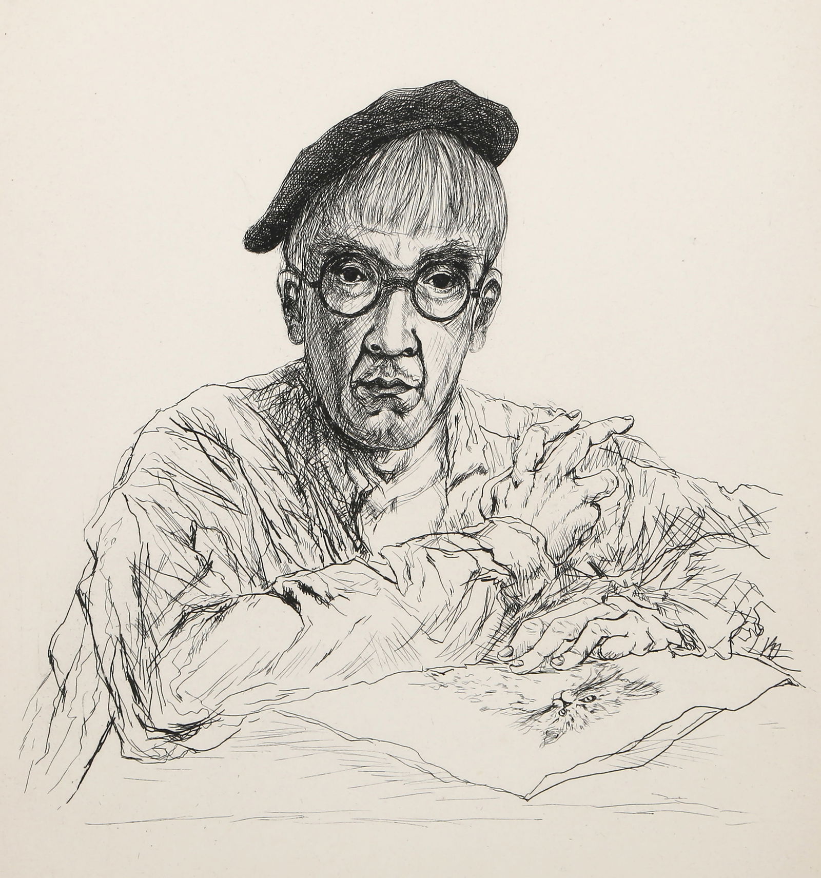 Leonard Tsuguharu Foujita, Self-portrait, Etching: Artist: Leonard Tsuguharu Foujita, Japanese (1886 - 1968) Title: Self-portrait: from "La Riviere enchantee" Year: 1929 (1951) Medium: Etching on Arches Edition: 315 Image Size: 9.25 x 10 inches Size: