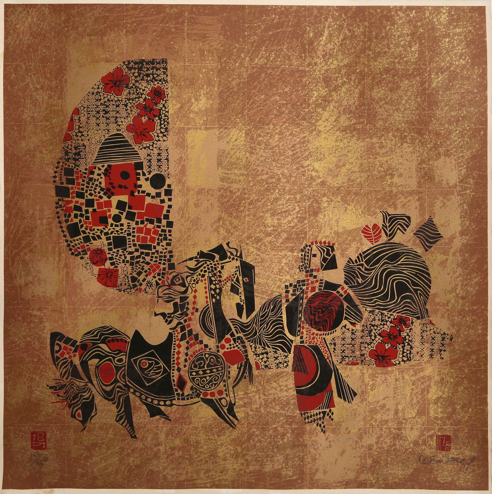 Lebadang, Warrior in Gold, Screenprint: Artist: Lebadang (aka Hoi), Vietnamese (1922 - 2015) Title: Warrior in Gold Year: Circa 1980 Medium: Screenprint, signed and numbered in pencil Edition: 250 Image Size: 30 x 30 inches Size: 31 x 31