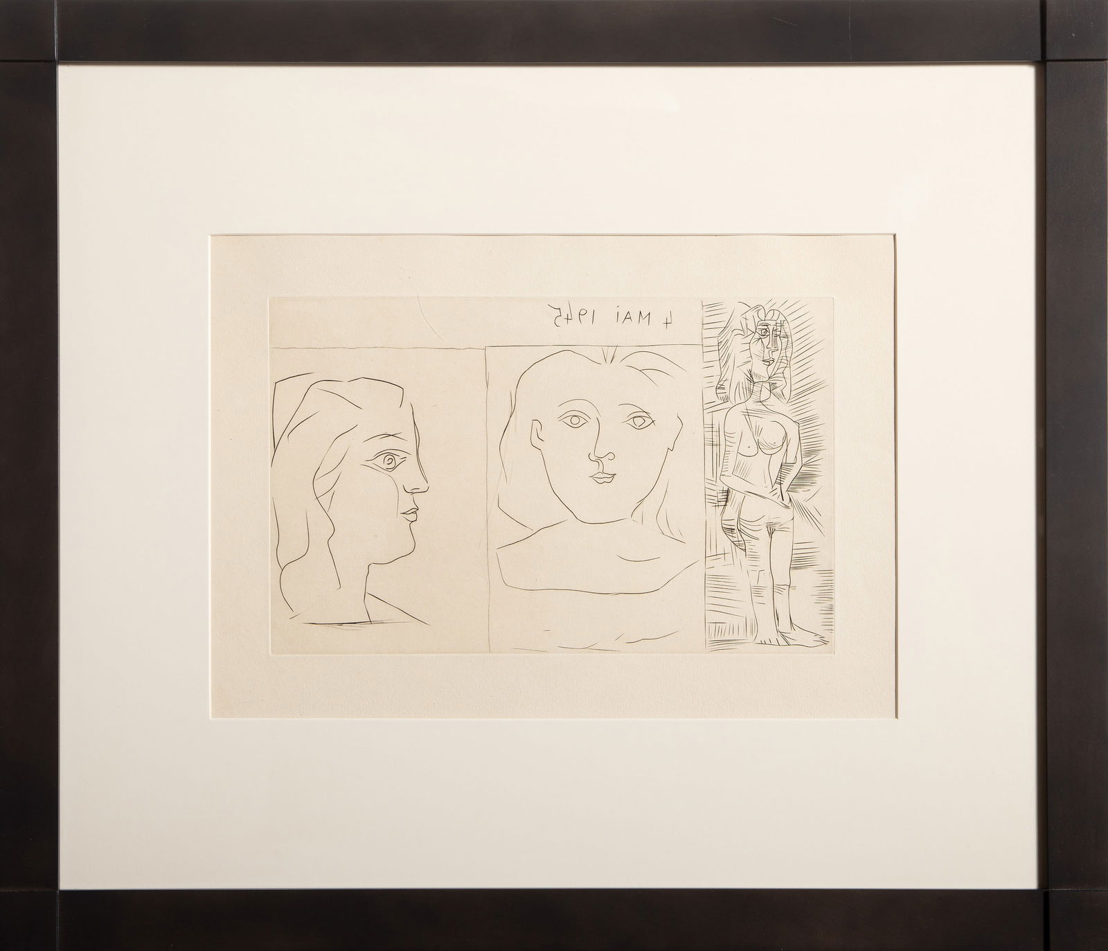 Pablo Picasso, Gravure Au Burin 1945, Etching: Artist: Pablo Picasso, Spanish (1881 - 1973) Title: Gravure Au Burin 1945 Year: 1945 Medium: Etching Edition: 50 Image Size: 8.75 x 13.75 inches Size: 12.5 x 18.25 in. (31.75 x 46.36 cm) Frame Size: