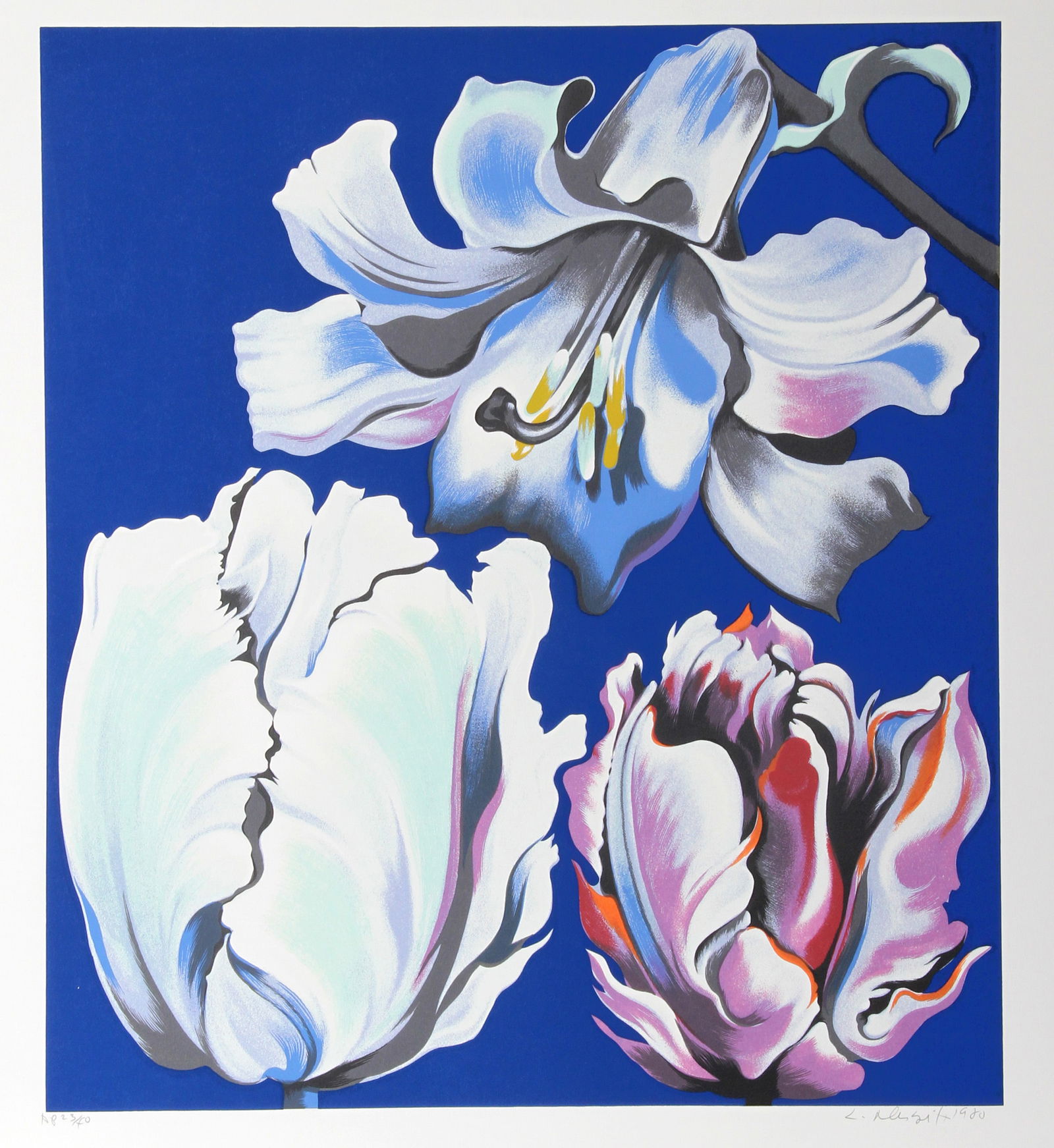 Lowell Blair Nesbitt, Flowers on Blue, Screenprint: Artist: Lowell Blair Nesbitt, American (1933 - 1993) Title: Flowers on Blue Year: 1980 Medium: Screenprint, signed and numbered in pencil Edition: 200, AP 40 Image Size: 30 x 26.25 inches Size: 37