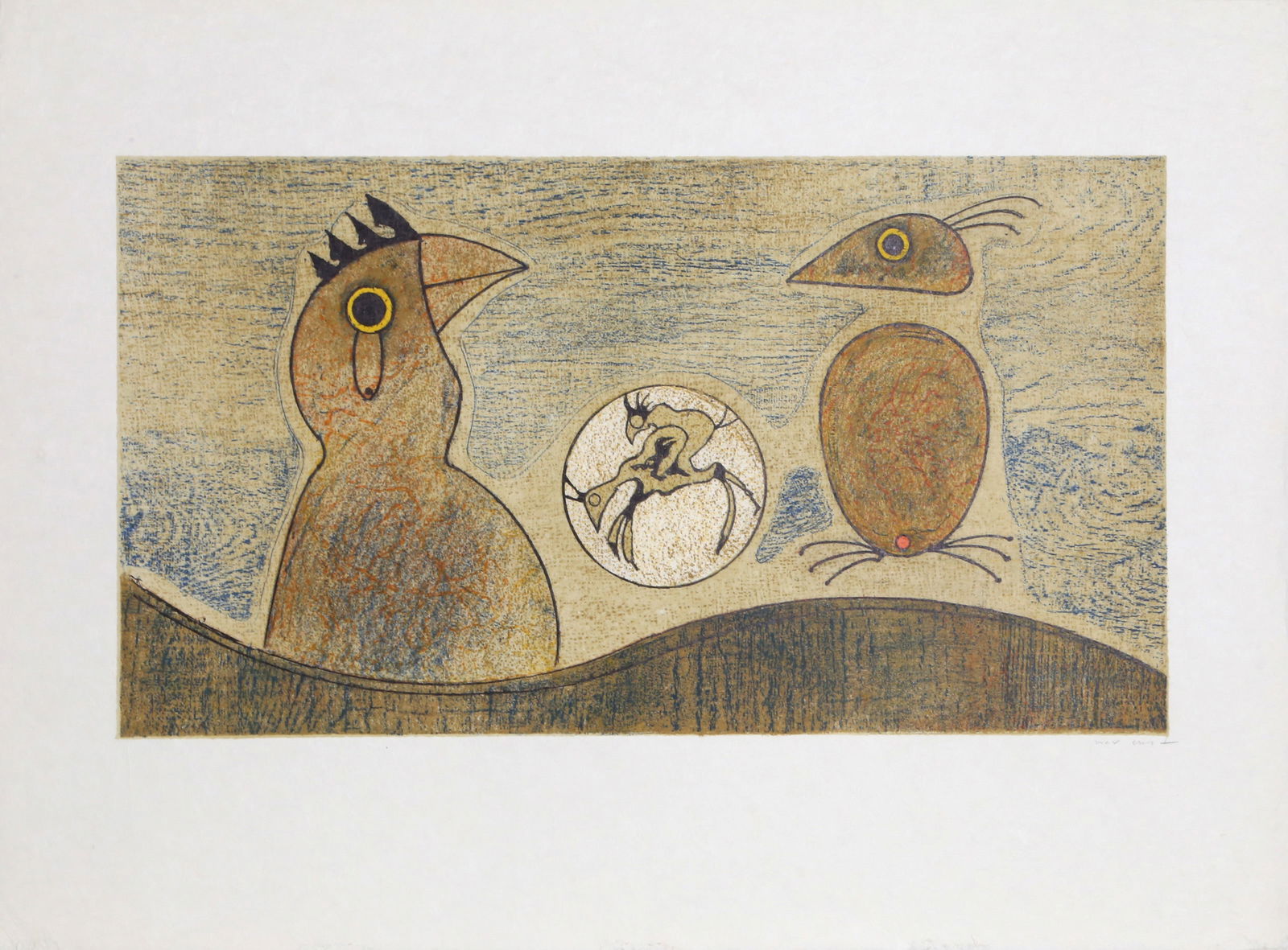 Max Ernst, Oiseaux Souterrains, Lithograph: Artist: Max Ernst, German (1891 - 1976) Title: Oiseaux Souterrains Year: 1975 Medium: Lithograph on Japon paper, signed and numbered in pencil Edition: 99 Image Size: 13.5 x 24.5 inches Size: 22.5 x