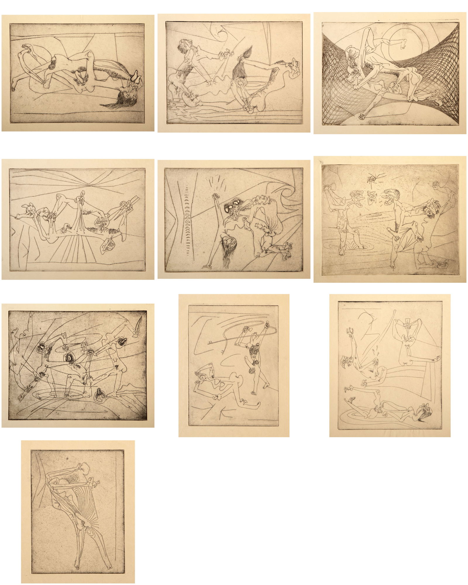 Roberto Matta, The New School, Suite of 10 etchings: Artist: Roberto Matta, Chilean (1911 - 2002) Title: The New School Year: 1943 Medium: Suite of 10 etchings, lacking cover sheet Image Size: 7.75 x 6 inches Size: 15 x 11.75 in. (38.1 x 29.85 cm)