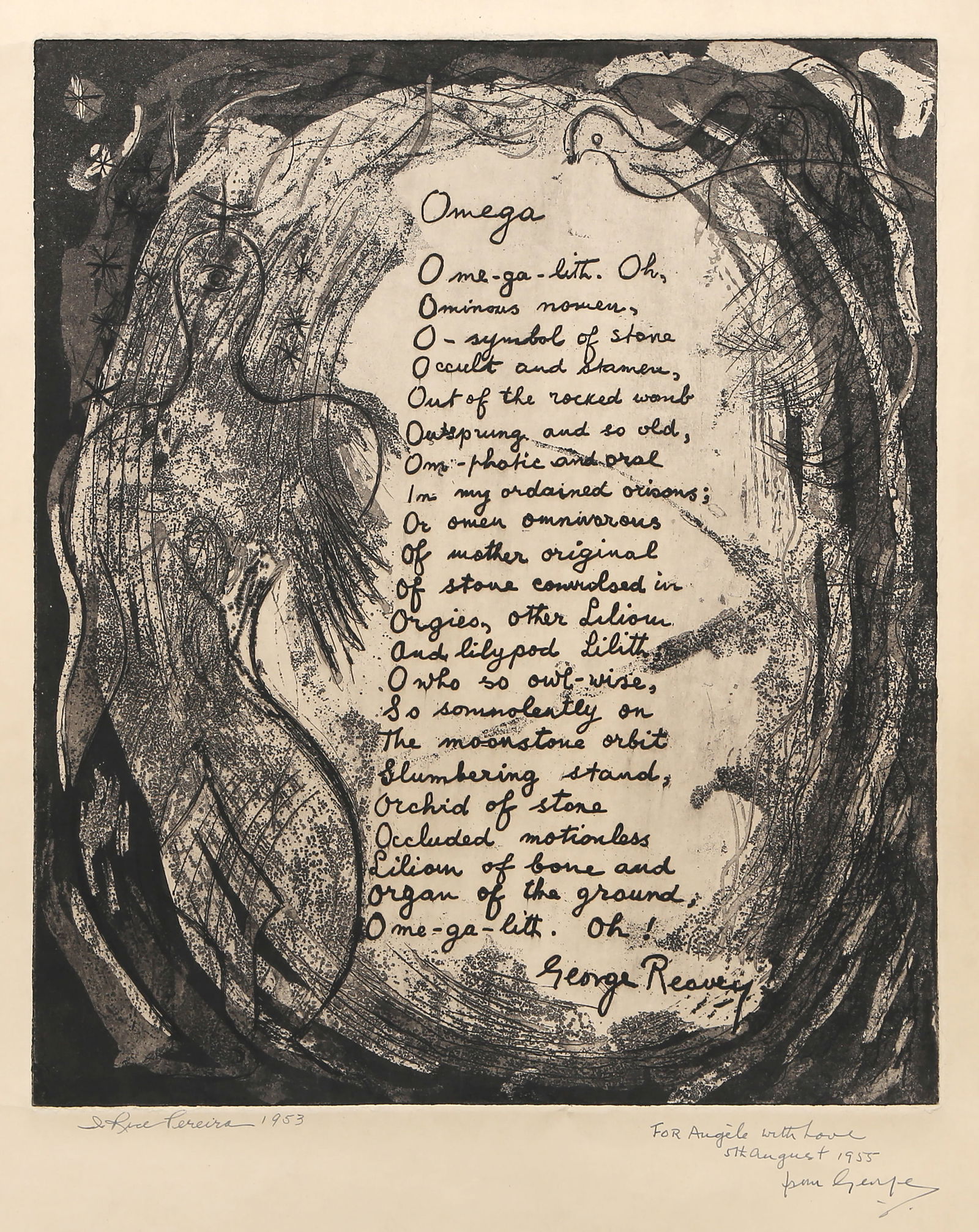 Irene Rice Pereira, Omega (Poem by George Reamy), Etching: Artist: Irene Rice Pereira, American (1902 - 1971) Title: Omega (Poem by George Reamy) Year: 1953 Medium: Etching and Aquatint, signed, dated and dedicated in pencil Edition: Dedicated Proof Image
