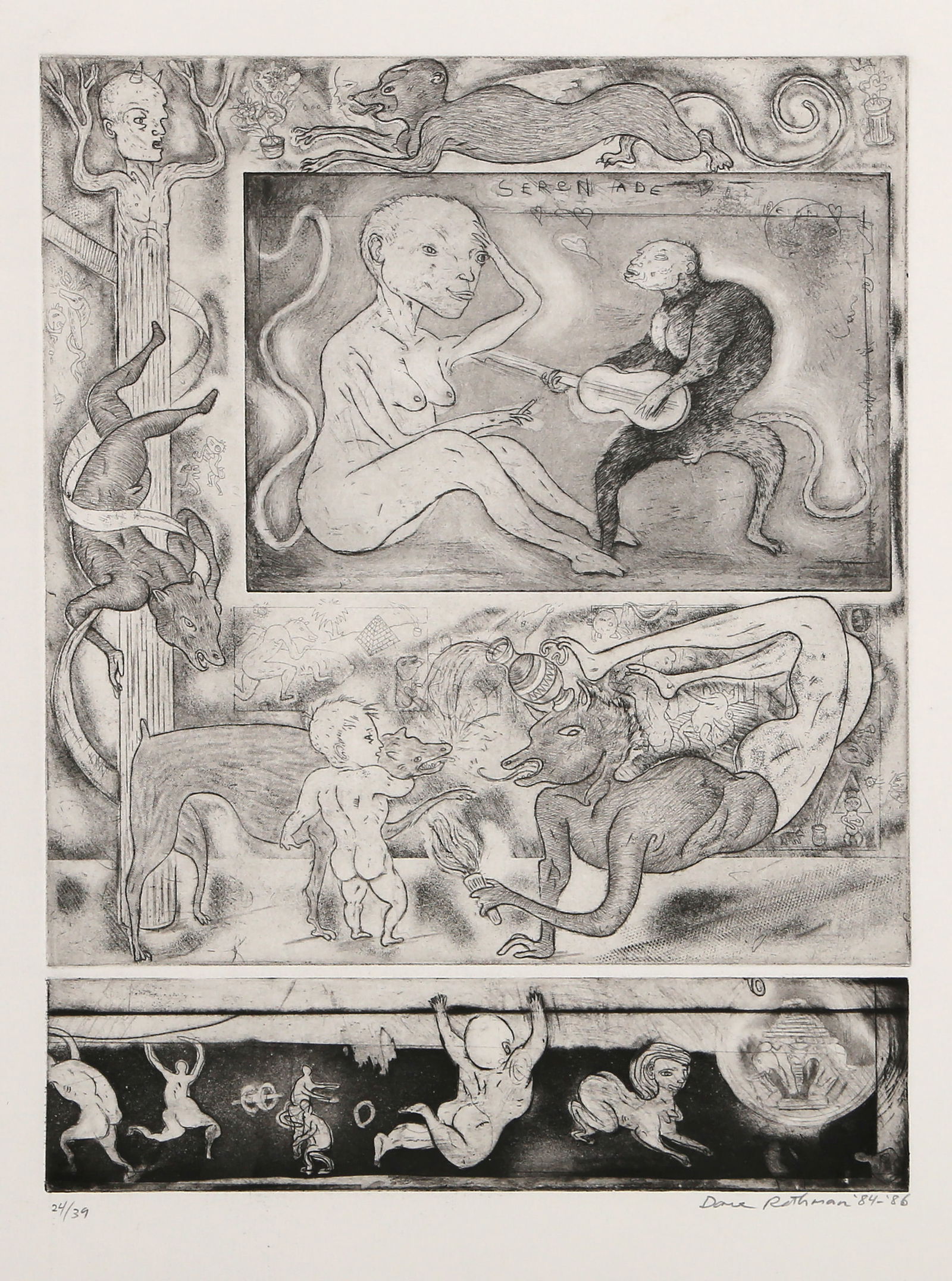 David Rathman, Serenade, Etching: Artist: David Rathman, American (1958 - ) Title: Serenade Year: 1986 Medium: Etching on Arches, signed, numbered and dated in pencil Edition: 24/39 Image Size: 16 x 11.75 inches Size: 22.25 x 17.5