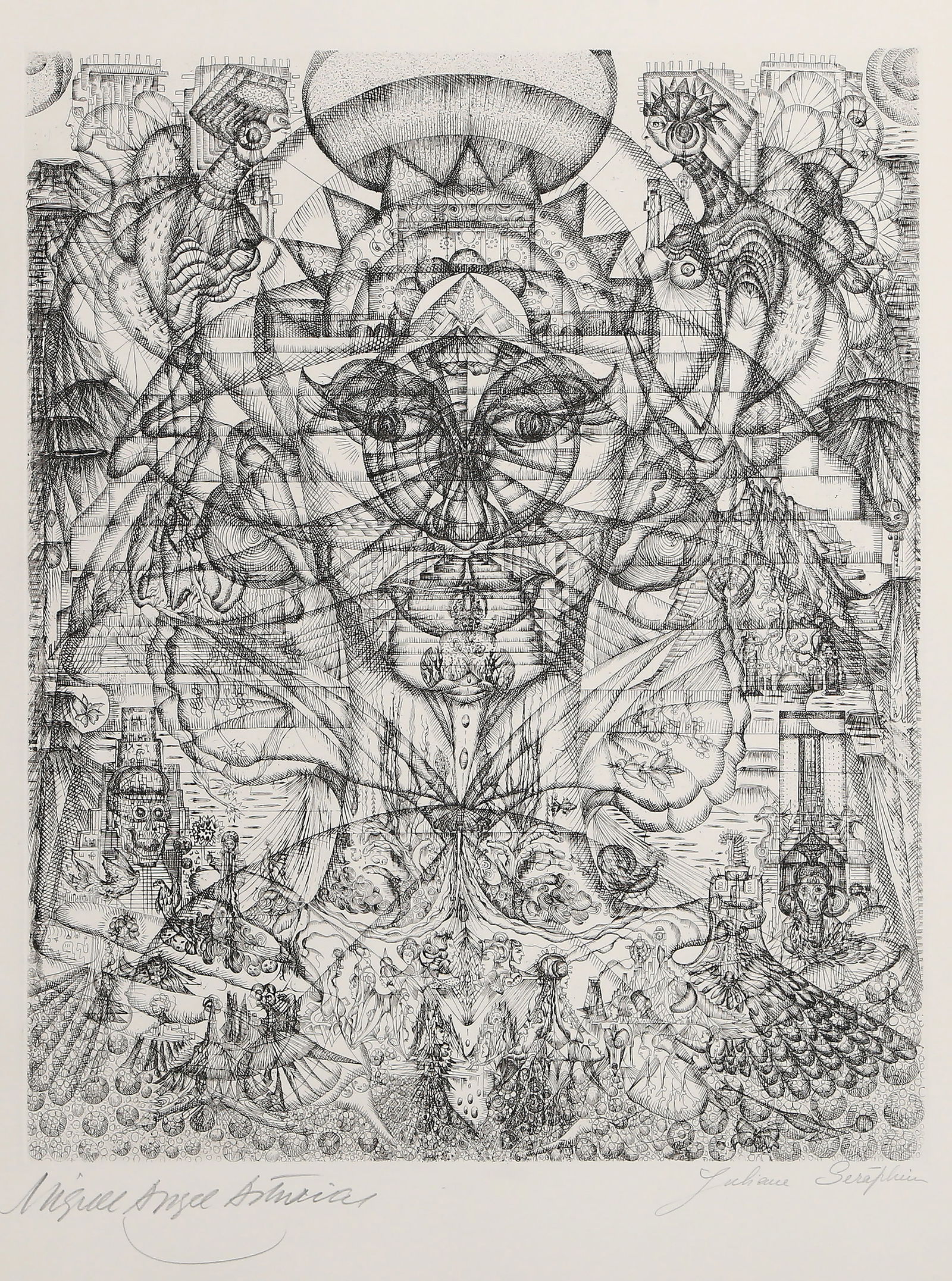 Juliana Seraphim, Asturias I, Etching: Artist: Juliana Seraphim, Palestinian (1934 - ) Title: Asturias I Year: Circa 1970 Medium: Etching, signed and numbered in pencil by the artist and Miguel Asturias Edition: 200 Image Size: 19.5 x