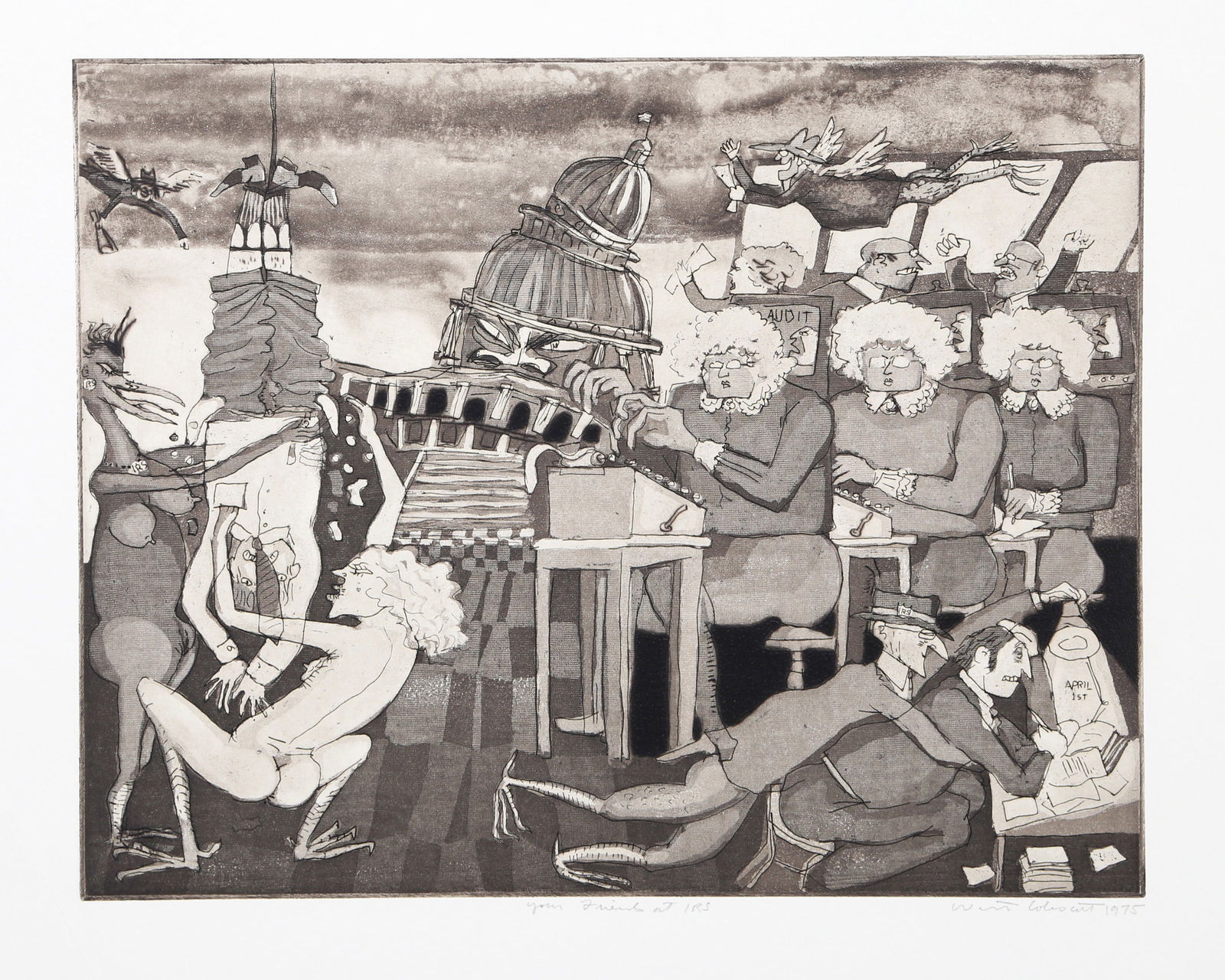 Warrington Colescott, Your Friends At The IRS, Etching (1 of 3)